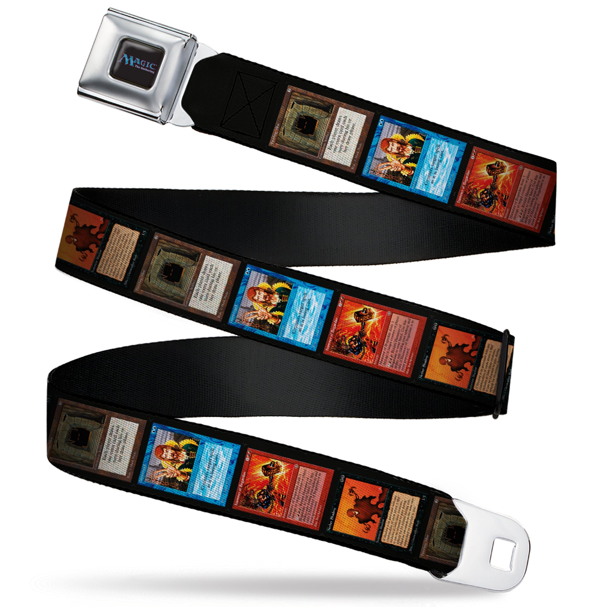 MAGIC THE GATHERING Title Logo Full Color Black Seatbelt Belt - Magic the Gathering Four Retro Card Blocks Webbing Seatbelt Belts Magic the Gathering