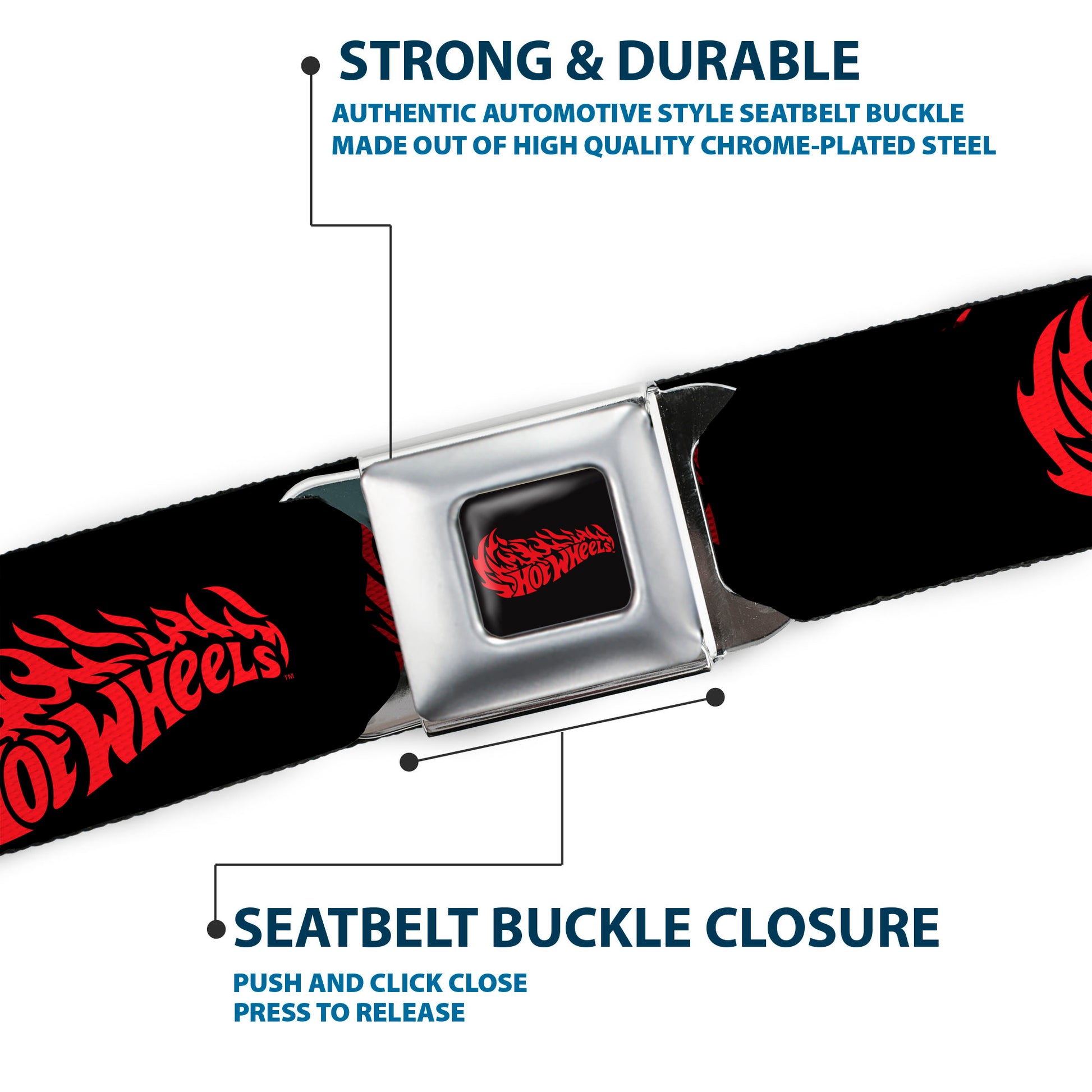 HOT WHEELS Flaming Logo Full Color Black/Red Seatbelt Belt - HOT WHEELS Flaming Logo Black/Red Webbing Seatbelt Belts Hot Wheels