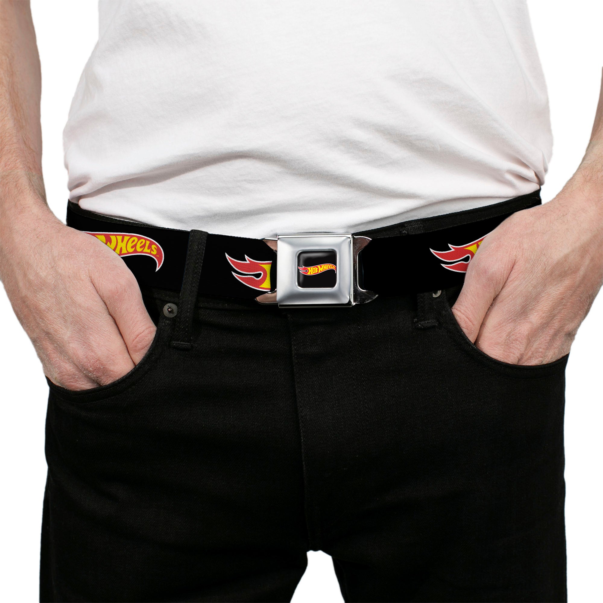HOT WHEELS Classic Flame Logo Full Color Black/Red/Yellow Seatbelt Belt - HOT WHEELS Classic Flame Logo Black/Red/Yellow Webbing Seatbelt Belts Hot Wheels
