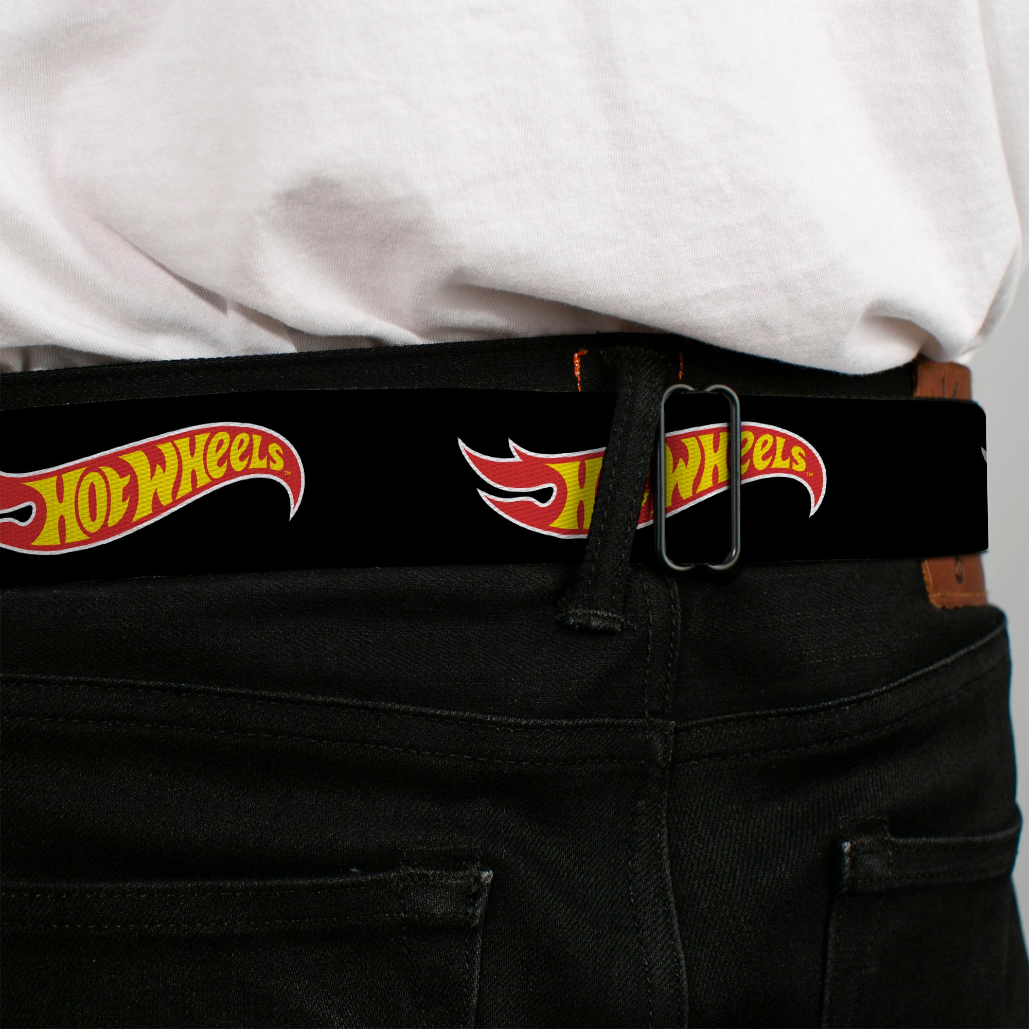 HOT WHEELS Classic Flame Logo Full Color Black/Red/Yellow Seatbelt Belt - HOT WHEELS Classic Flame Logo Black/Red/Yellow Webbing Seatbelt Belts Hot Wheels