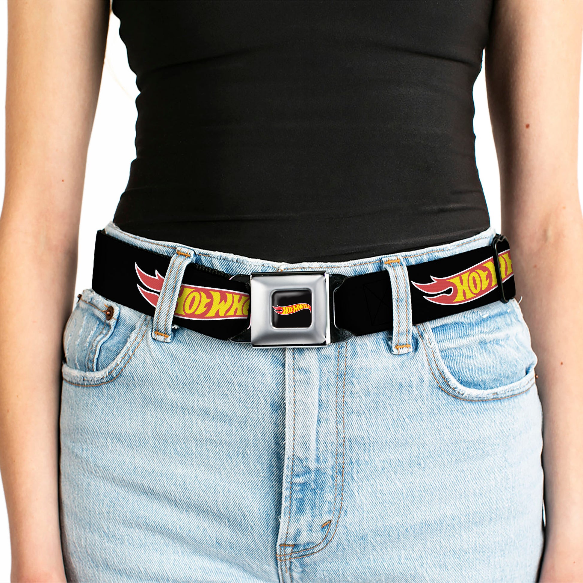 HOT WHEELS Classic Flame Logo Full Color Black/Red/Yellow Seatbelt Belt - HOT WHEELS Classic Flame Logo Black/Red/Yellow Webbing Seatbelt Belts Hot Wheels