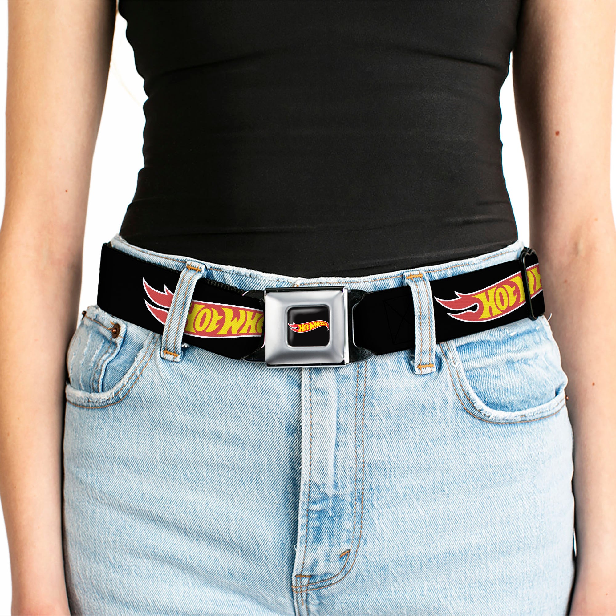 HOT WHEELS Classic Flame Logo Full Color Black/Red/Yellow Seatbelt Belt - HOT WHEELS Classic Flame Logo Black/Red/Yellow Webbing Seatbelt Belts Hot Wheels