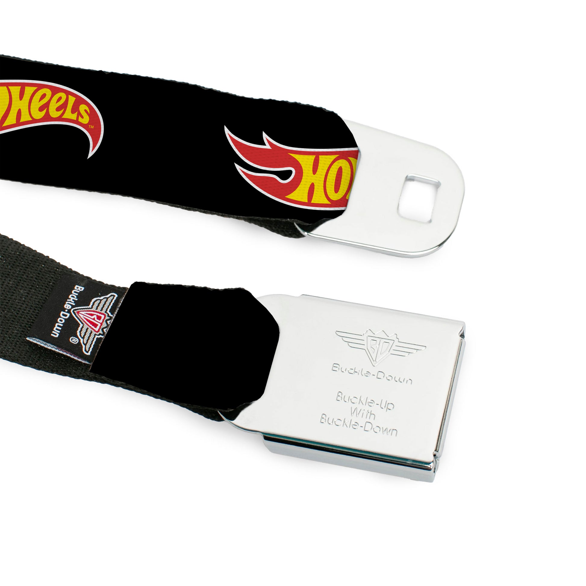 HOT WHEELS Classic Flame Logo Full Color Black/Red/Yellow Seatbelt Belt - HOT WHEELS Classic Flame Logo Black/Red/Yellow Webbing Seatbelt Belts Hot Wheels