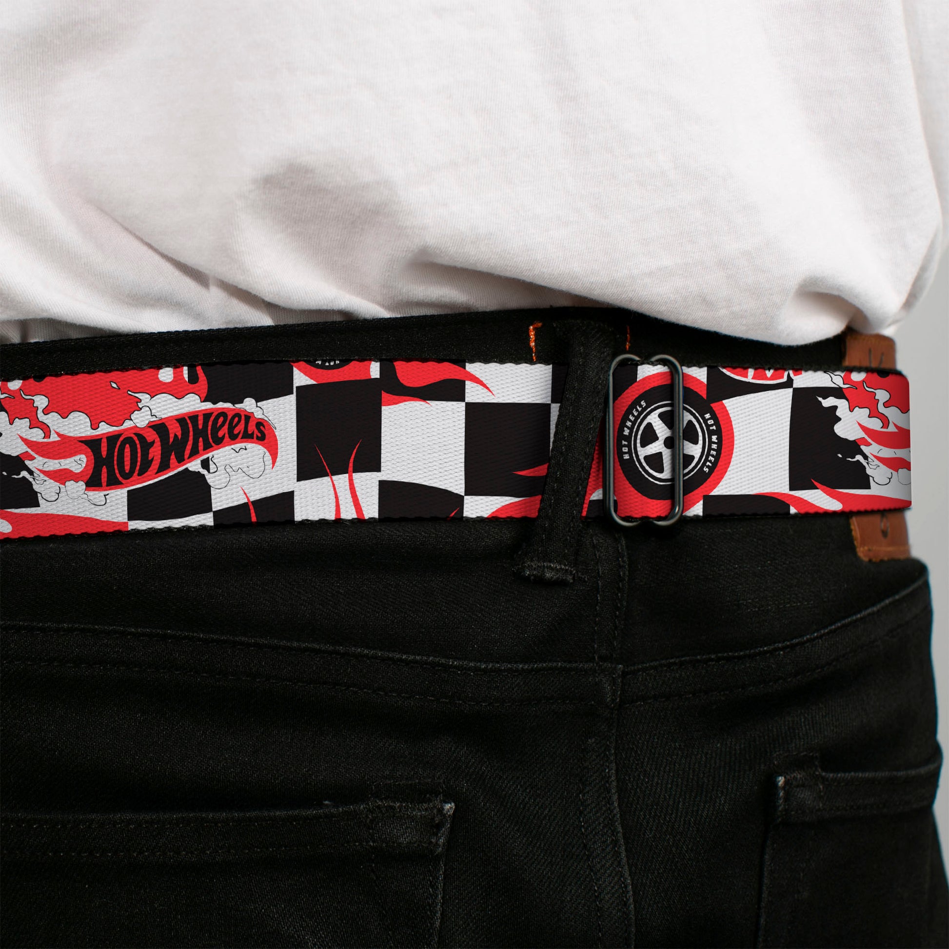 HOT WHEELS Classic Flame Logo Full Color Red/White/Black Seatbelt Belt - HOT WHEELS Logo and Tire Burn Out Checker Black/White Webbing Seatbelt Belts Hot Wheels