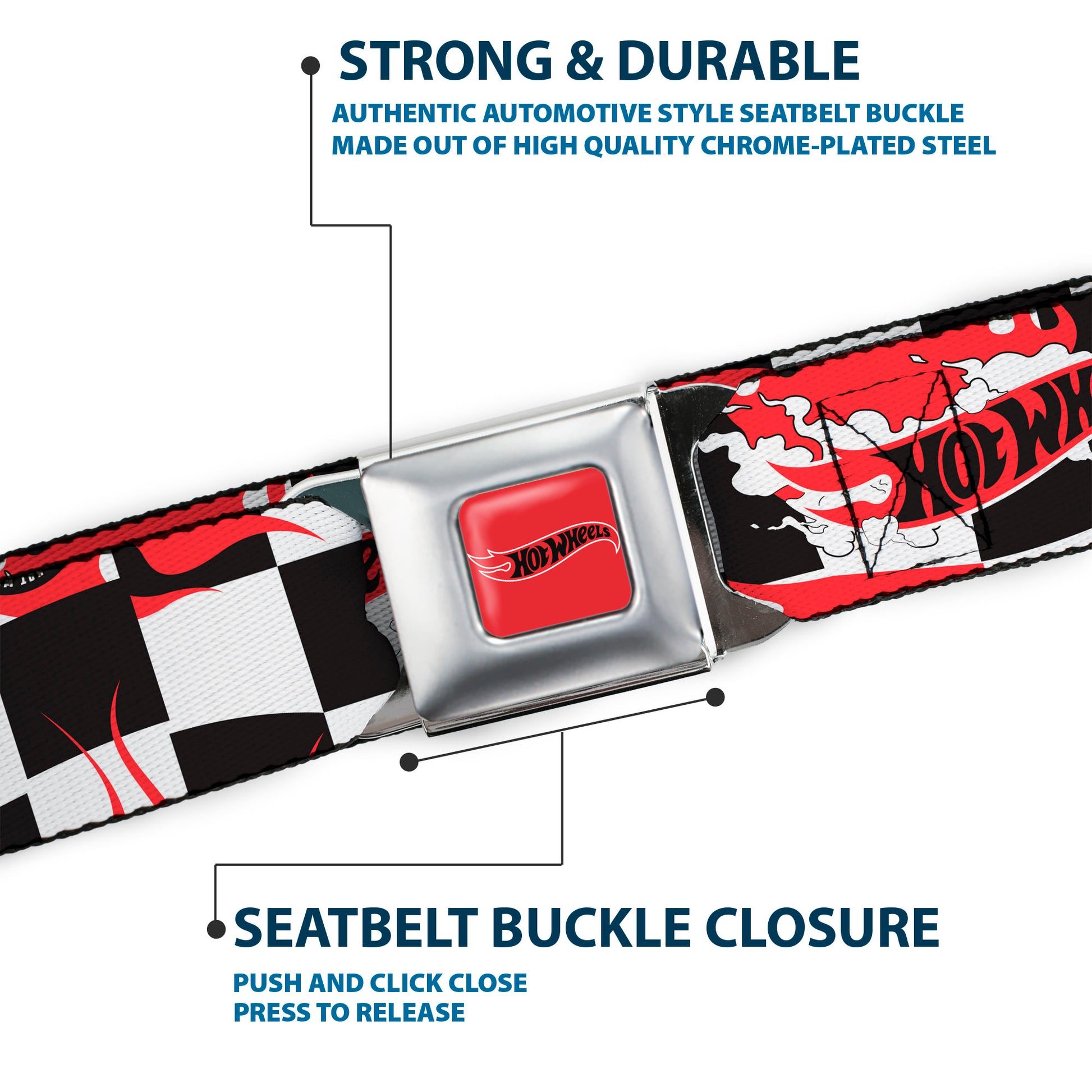 HOT WHEELS Classic Flame Logo Full Color Red/White/Black Seatbelt Belt - HOT WHEELS Logo and Tire Burn Out Checker Black/White Webbing Seatbelt Belts Hot Wheels