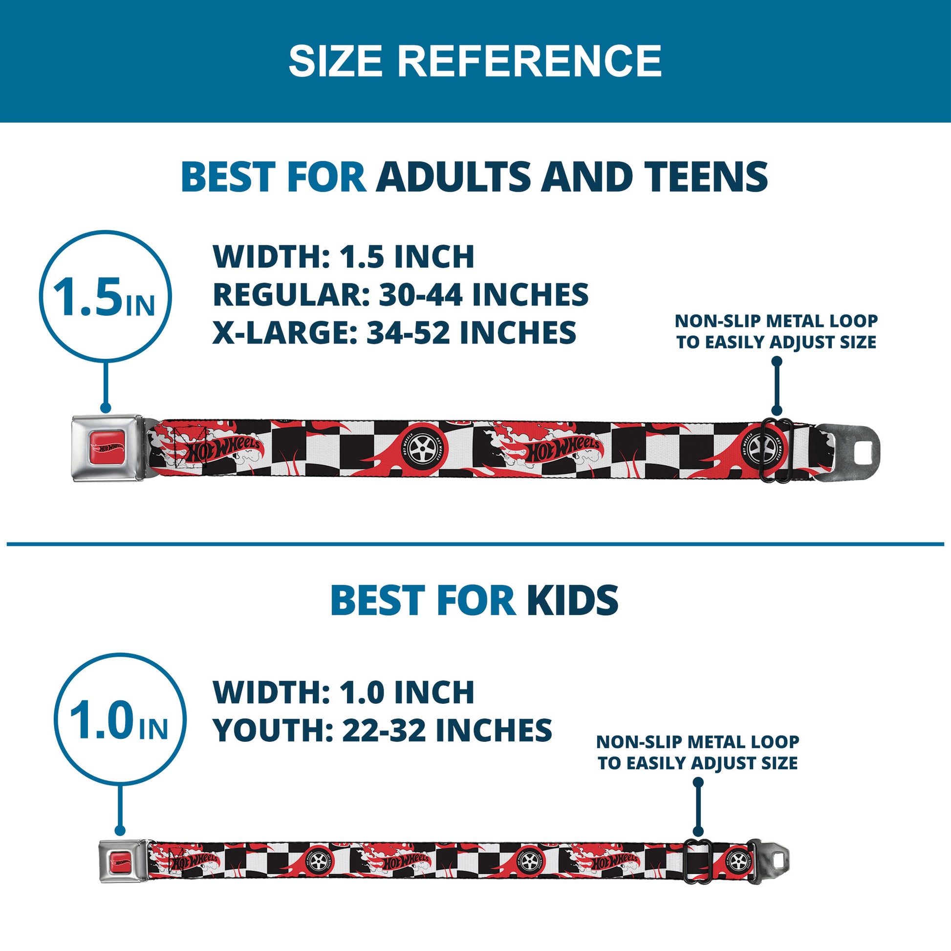 HOT WHEELS Classic Flame Logo Full Color Red/White/Black Seatbelt Belt - HOT WHEELS Logo and Tire Burn Out Checker Black/White Webbing Seatbelt Belts Hot Wheels