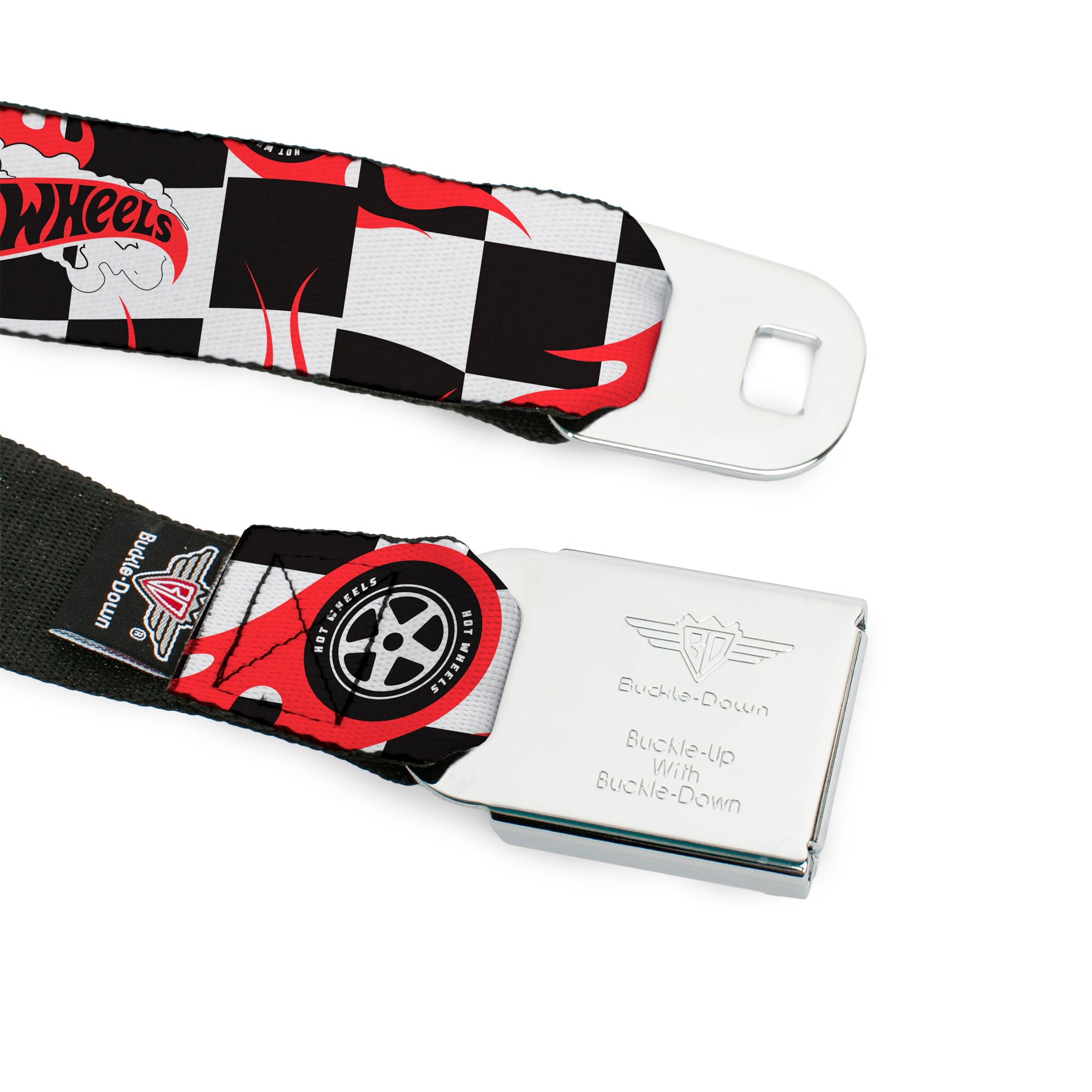 HOT WHEELS Classic Flame Logo Full Color Red/White/Black Seatbelt Belt - HOT WHEELS Logo and Tire Burn Out Checker Black/White Webbing Seatbelt Belts Hot Wheels