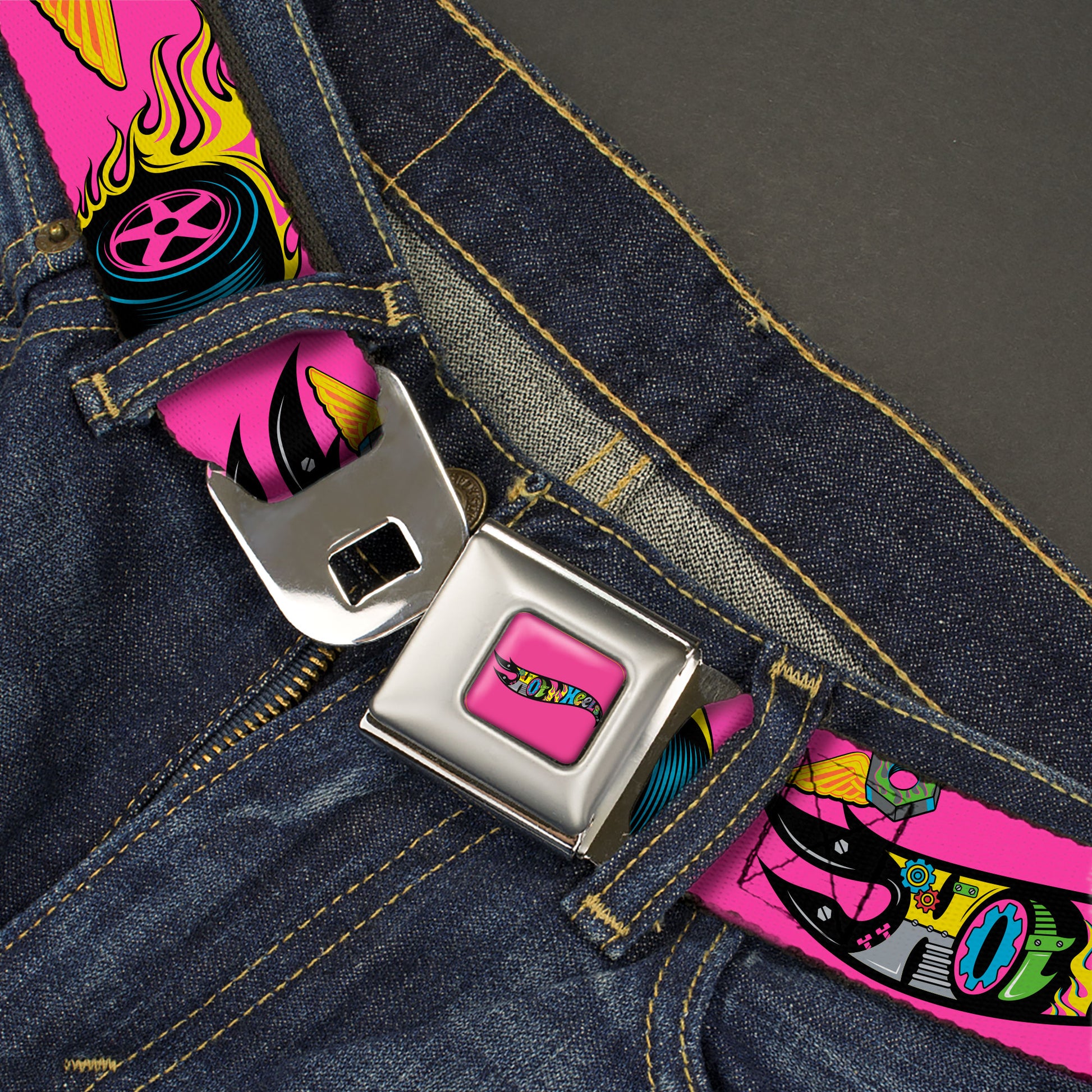 HOT WHEELS Classic Flame Logo Full Color Pink/Black/Multi Color Seatbelt Belt - HOT WHEELS Logo and Parts Collage Pink/Black/Multi Color Webbing Seatbelt Belts Hot Wheels