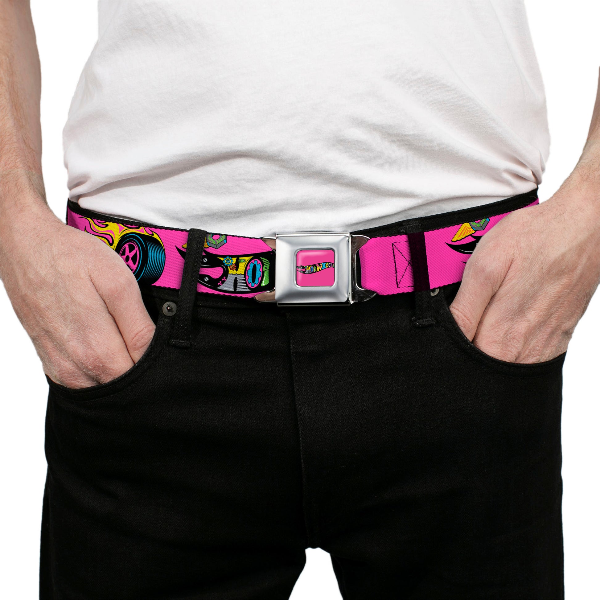 HOT WHEELS Classic Flame Logo Full Color Pink/Black/Multi Color Seatbelt Belt - HOT WHEELS Logo and Parts Collage Pink/Black/Multi Color Webbing Seatbelt Belts Hot Wheels