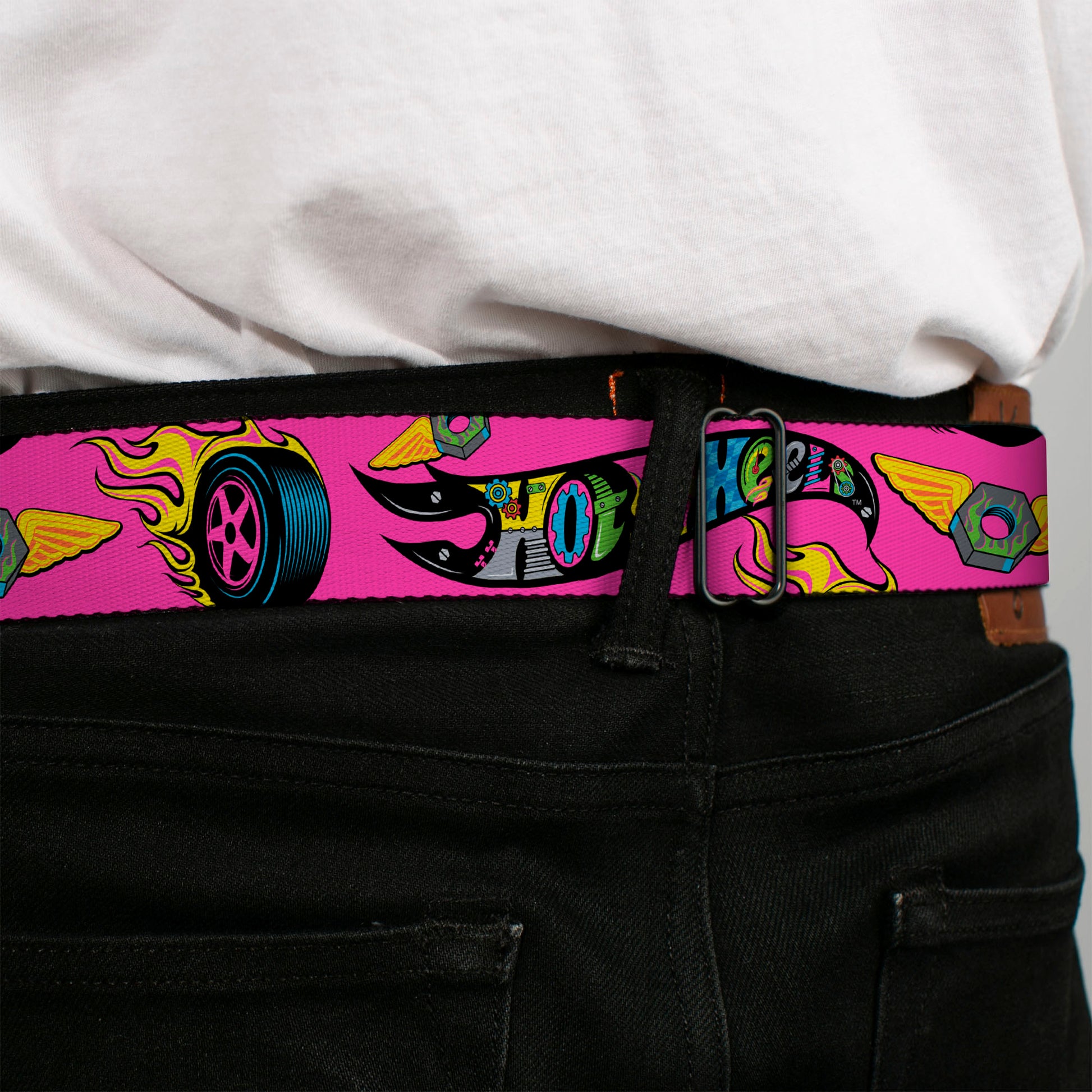 HOT WHEELS Classic Flame Logo Full Color Pink/Black/Multi Color Seatbelt Belt - HOT WHEELS Logo and Parts Collage Pink/Black/Multi Color Webbing Seatbelt Belts Hot Wheels