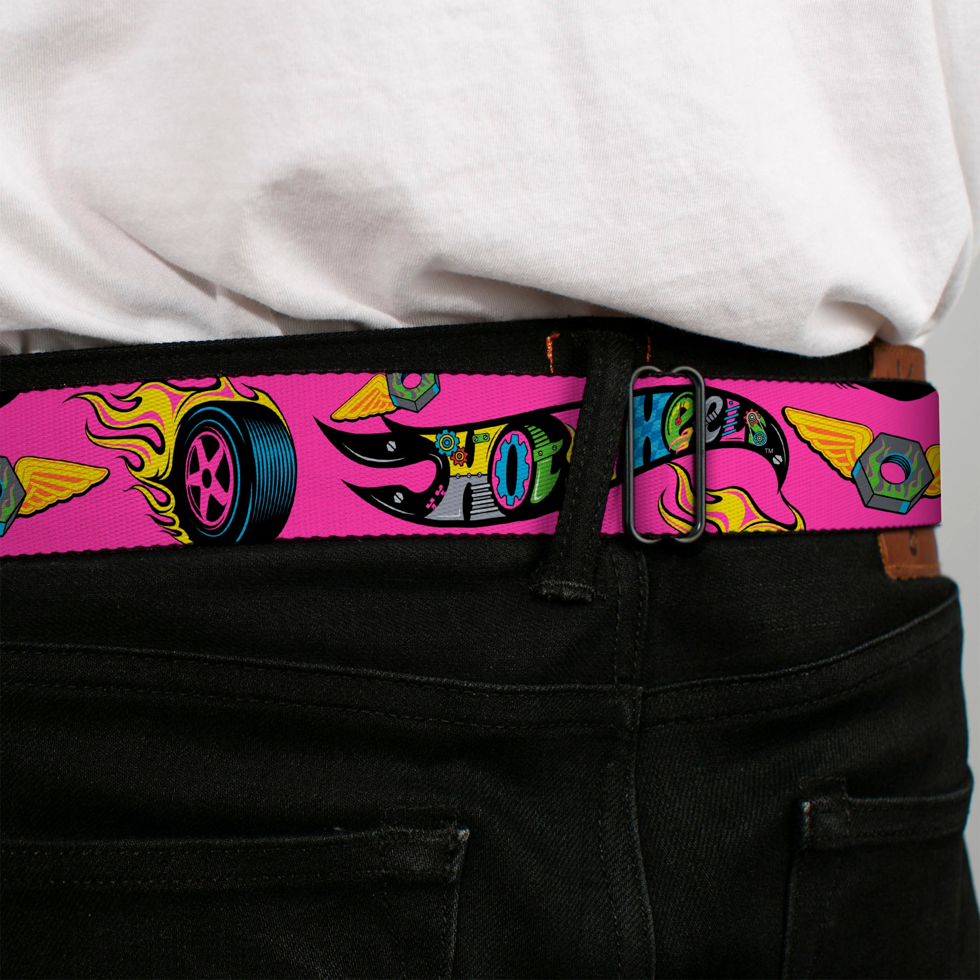 HOT WHEELS Classic Flame Logo Full Color Pink/Black/Multi Color Seatbelt Belt - HOT WHEELS Logo and Parts Collage Pink/Black/Multi Color Webbing Seatbelt Belts Hot Wheels