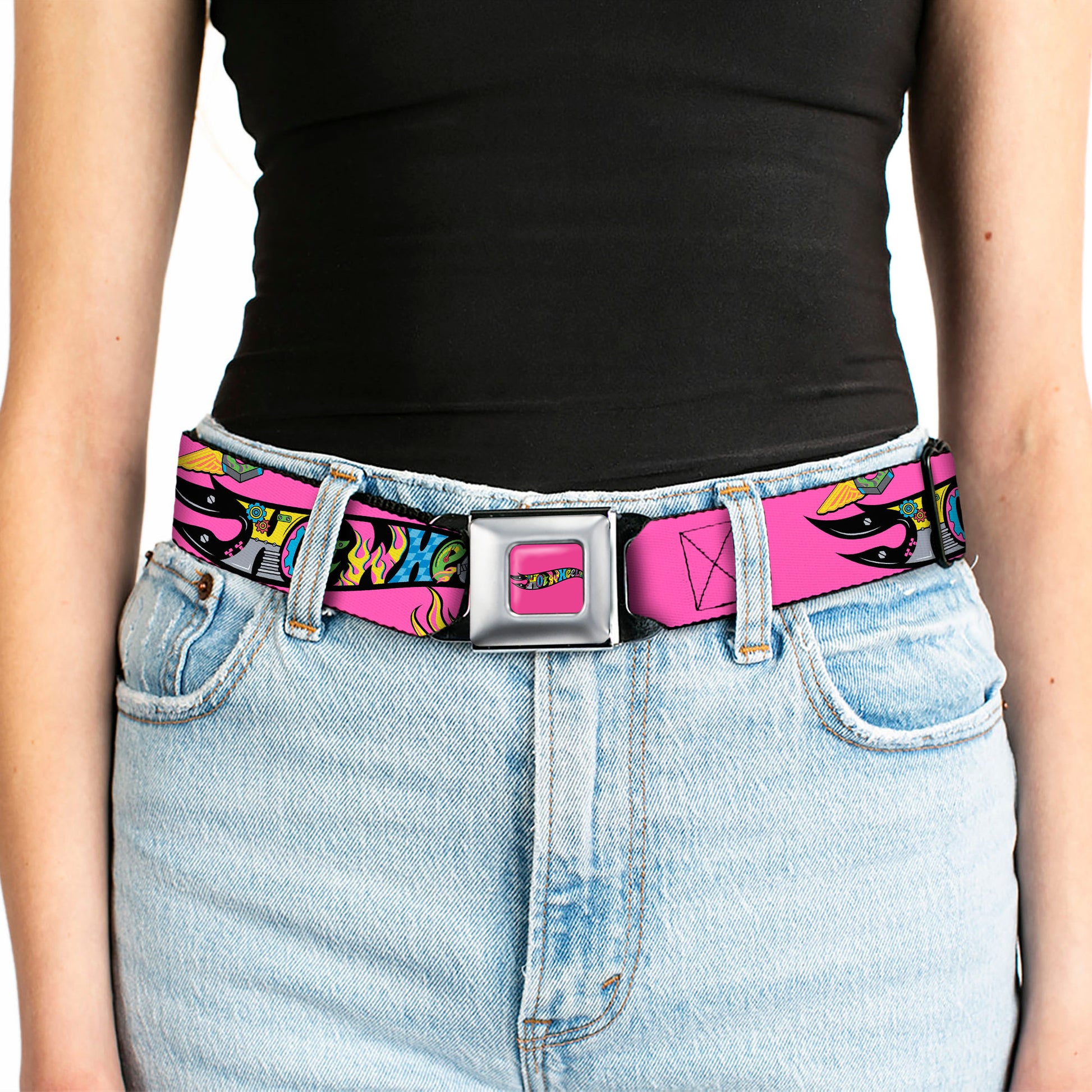 HOT WHEELS Classic Flame Logo Full Color Pink/Black/Multi Color Seatbelt Belt - HOT WHEELS Logo and Parts Collage Pink/Black/Multi Color Webbing Seatbelt Belts Hot Wheels