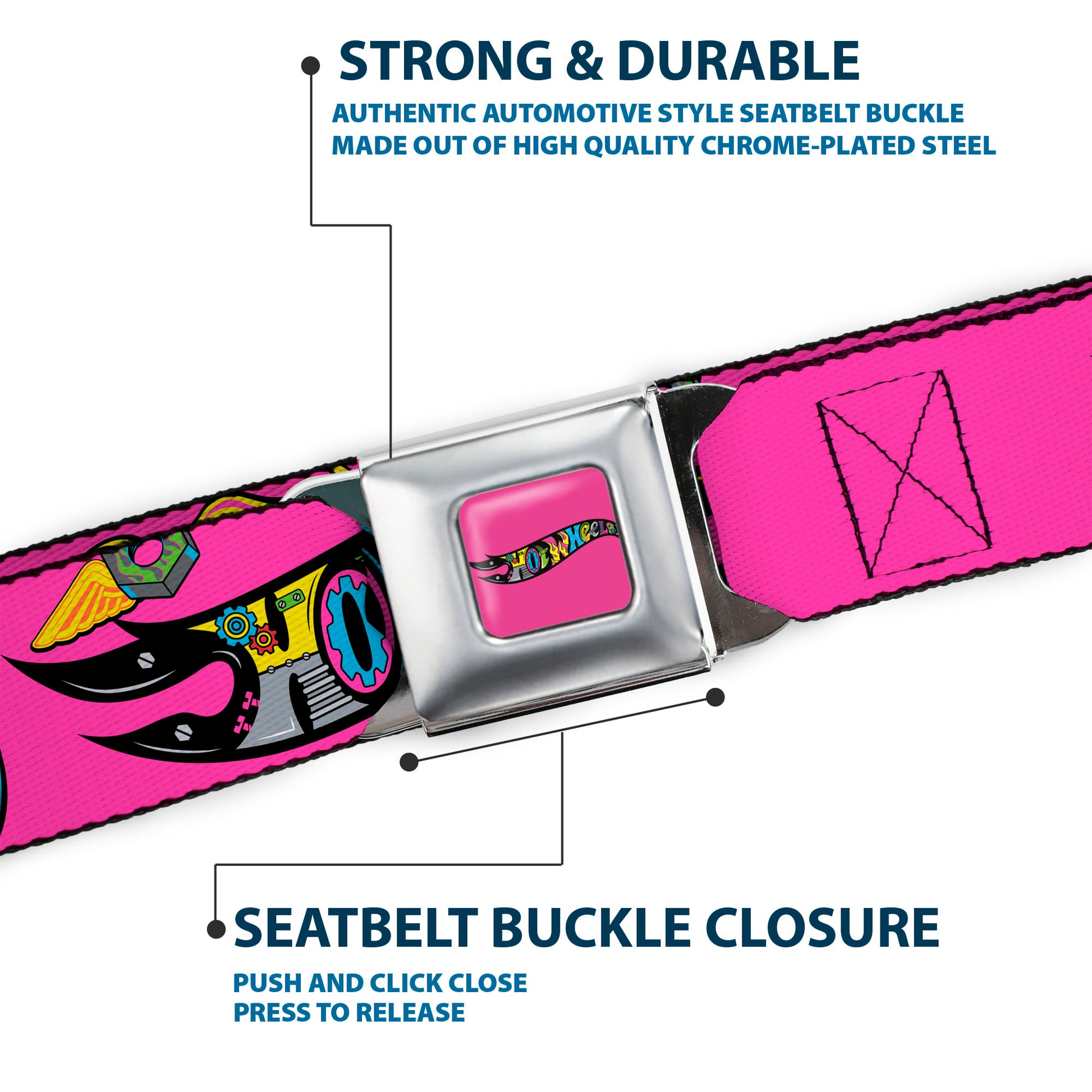 HOT WHEELS Classic Flame Logo Full Color Pink/Black/Multi Color Seatbelt Belt - HOT WHEELS Logo and Parts Collage Pink/Black/Multi Color Webbing Seatbelt Belts Hot Wheels