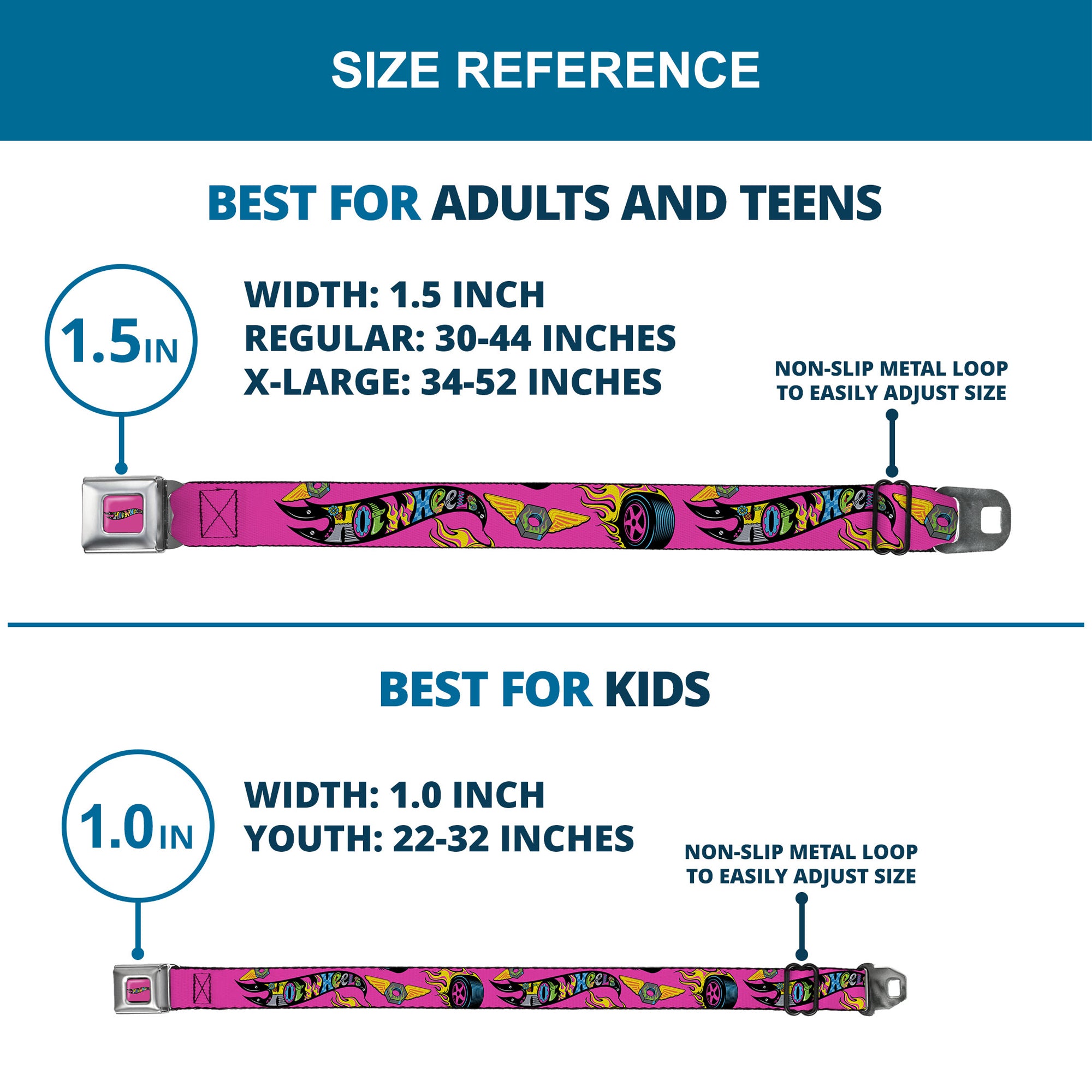 HOT WHEELS Classic Flame Logo Full Color Pink/Black/Multi Color Seatbelt Belt - HOT WHEELS Logo and Parts Collage Pink/Black/Multi Color Webbing Seatbelt Belts Hot Wheels