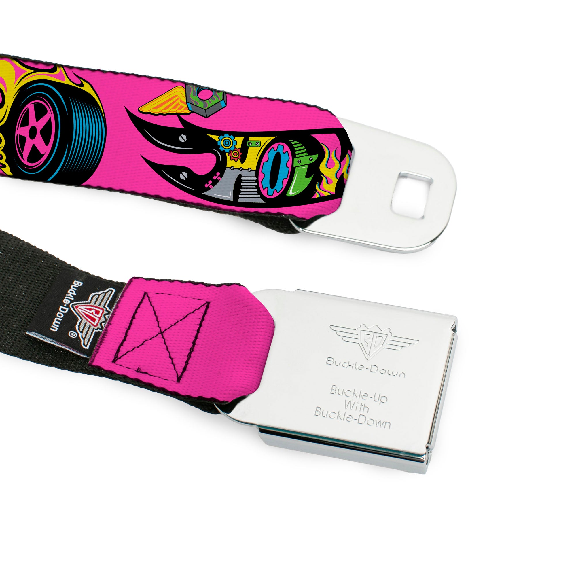 HOT WHEELS Classic Flame Logo Full Color Pink/Black/Multi Color Seatbelt Belt - HOT WHEELS Logo and Parts Collage Pink/Black/Multi Color Webbing Seatbelt Belts Hot Wheels