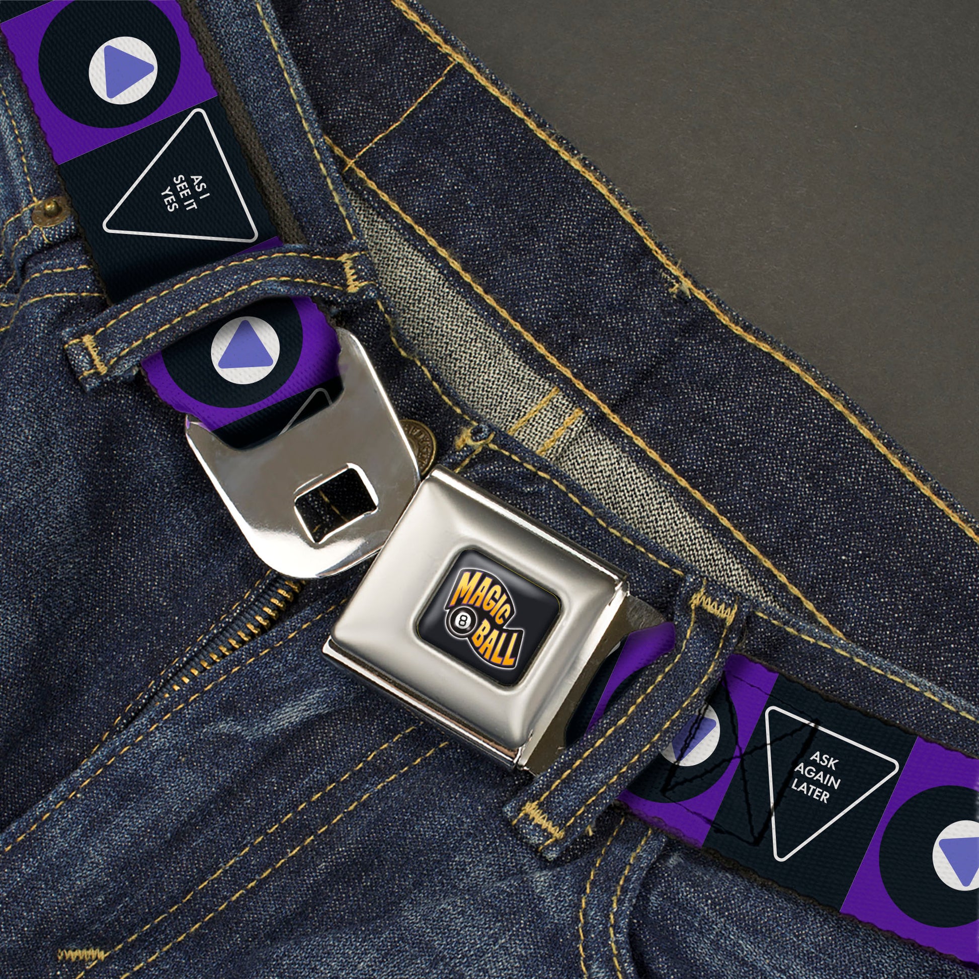 MAGIC 8 BALL Logo Full Color Black/Orange/White Seatbelt Belt - Magic 8 Ball Answers and Ball Blocks Black/Blue Webbing Seatbelt Belts Magic 8 Ball