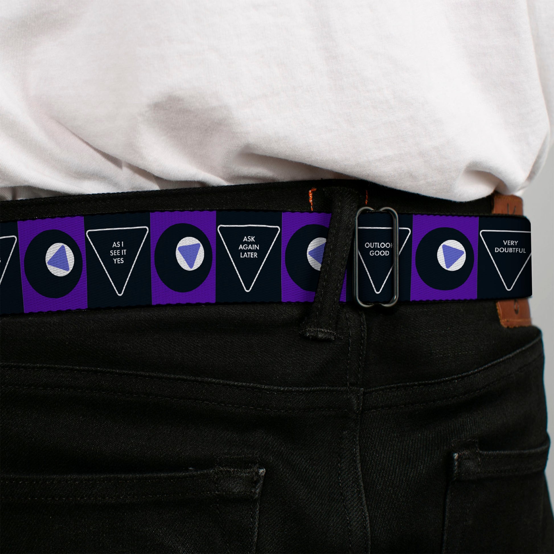 MAGIC 8 BALL Logo Full Color Black/Orange/White Seatbelt Belt - Magic 8 Ball Answers and Ball Blocks Black/Blue Webbing Seatbelt Belts Magic 8 Ball