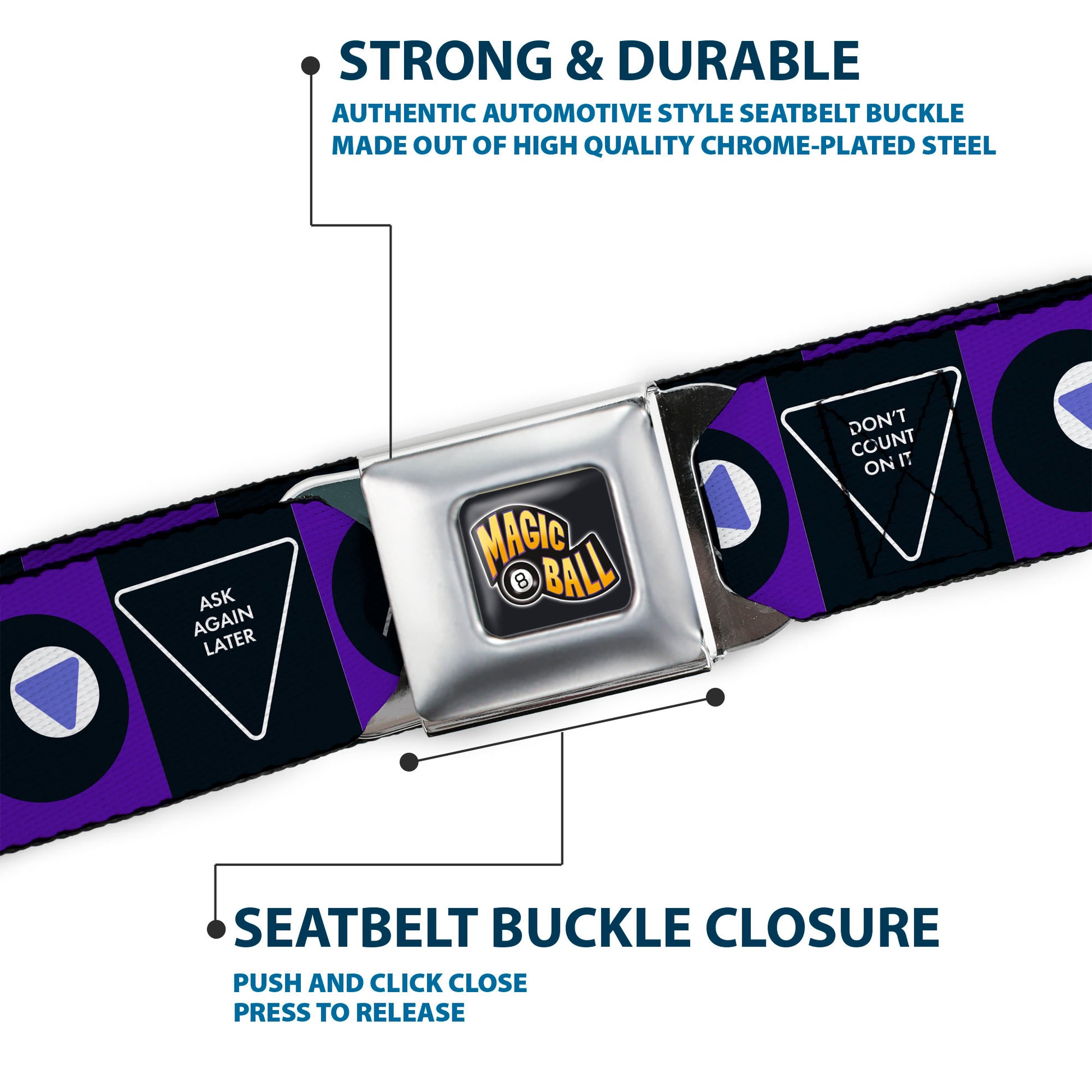 MAGIC 8 BALL Logo Full Color Black/Orange/White Seatbelt Belt - Magic 8 Ball Answers and Ball Blocks Black/Blue Webbing Seatbelt Belts Magic 8 Ball