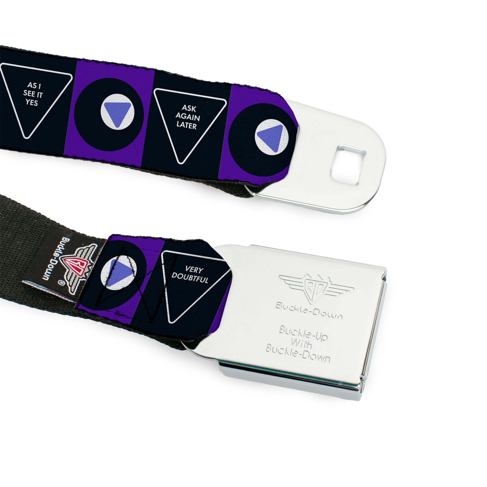 MAGIC 8 BALL Logo Full Color Black/Orange/White Seatbelt Belt - Magic 8 Ball Answers and Ball Blocks Black/Blue Webbing Seatbelt Belts Magic 8 Ball