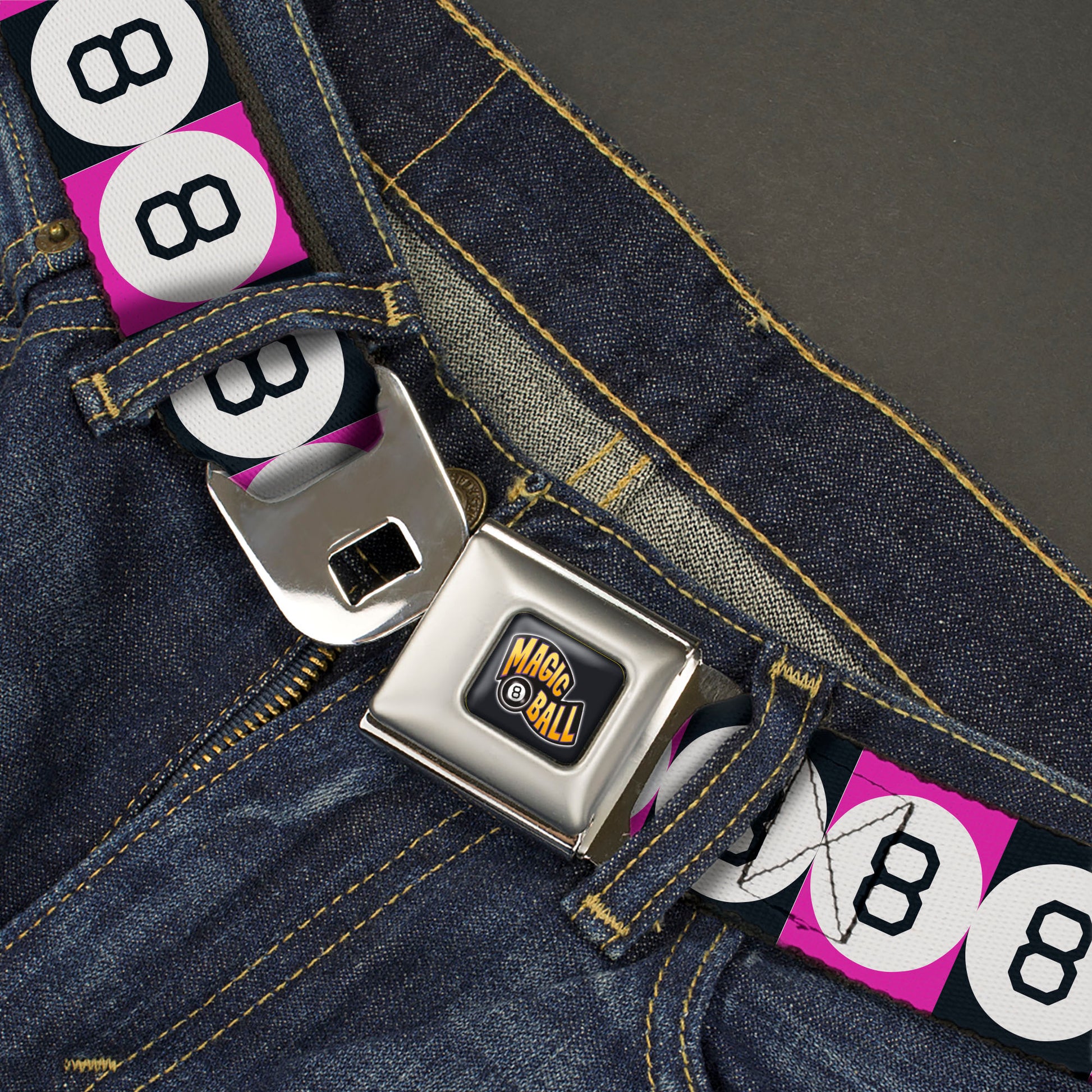 MAGIC 8 BALL Logo Full Color Black/Orange/White Seatbelt Belt - Magic 8 Ball Blocks Black/Pink/White Webbing Seatbelt Belts Magic 8 Ball