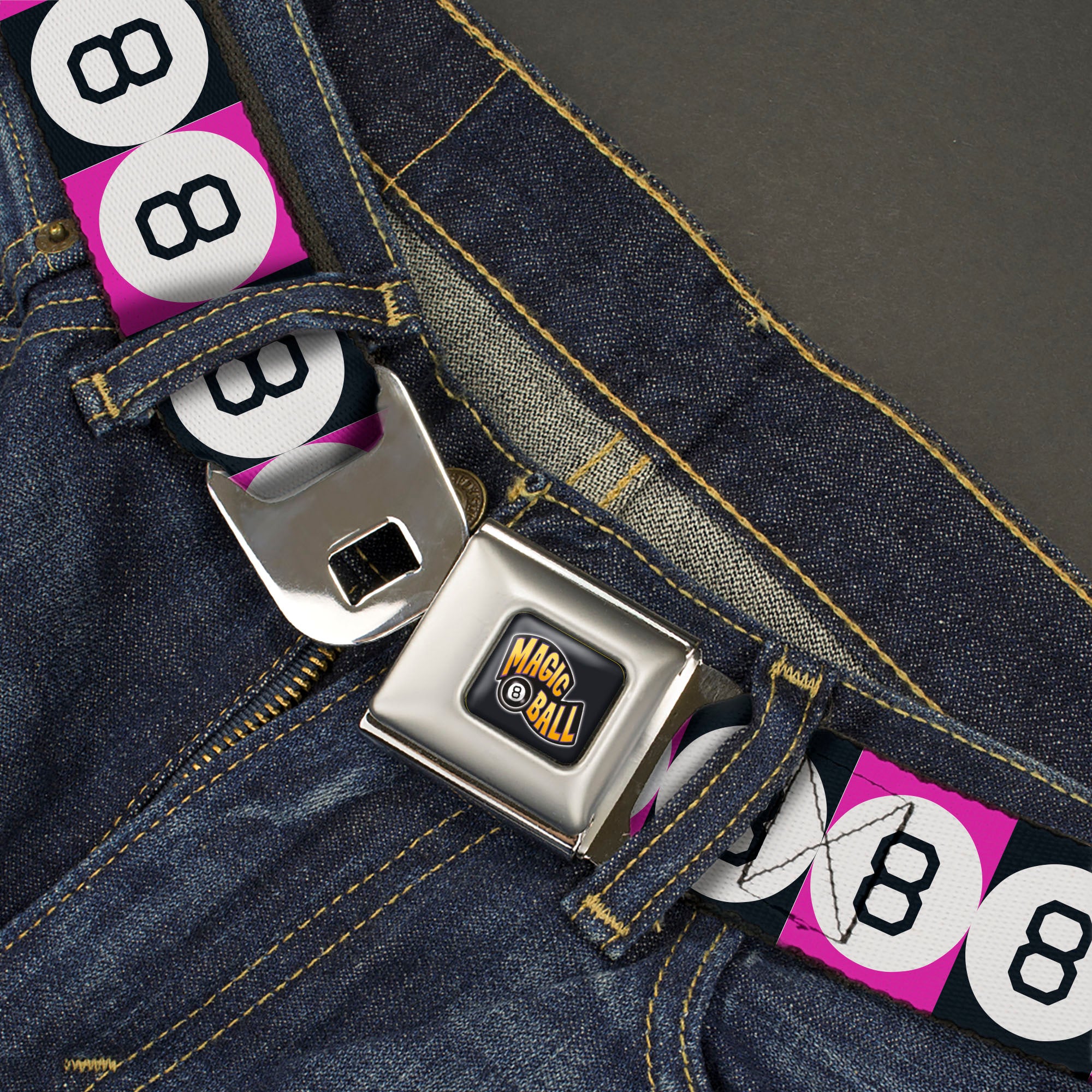 MAGIC 8 BALL Logo Full Color Black/Orange/White Seatbelt Belt - Magic 8 Ball Blocks Black/Pink/White Webbing Seatbelt Belts Magic 8 Ball