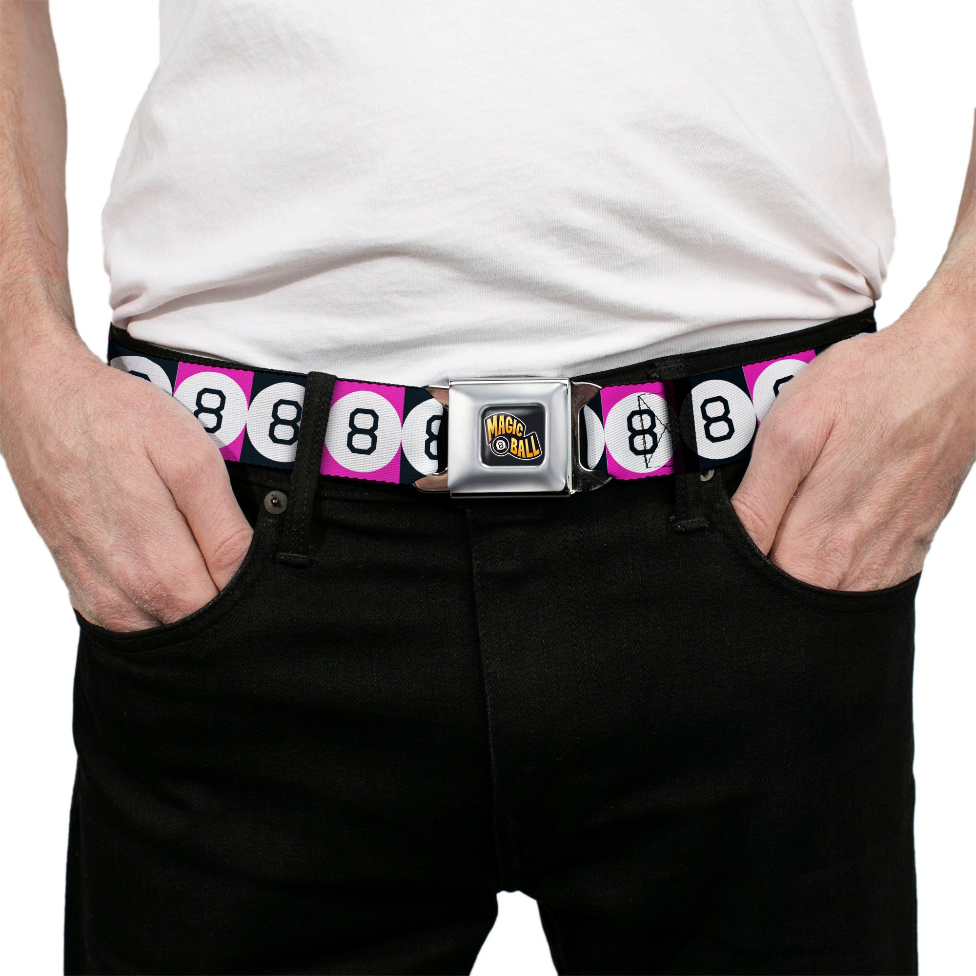 MAGIC 8 BALL Logo Full Color Black/Orange/White Seatbelt Belt - Magic 8 Ball Blocks Black/Pink/White Webbing Seatbelt Belts Magic 8 Ball