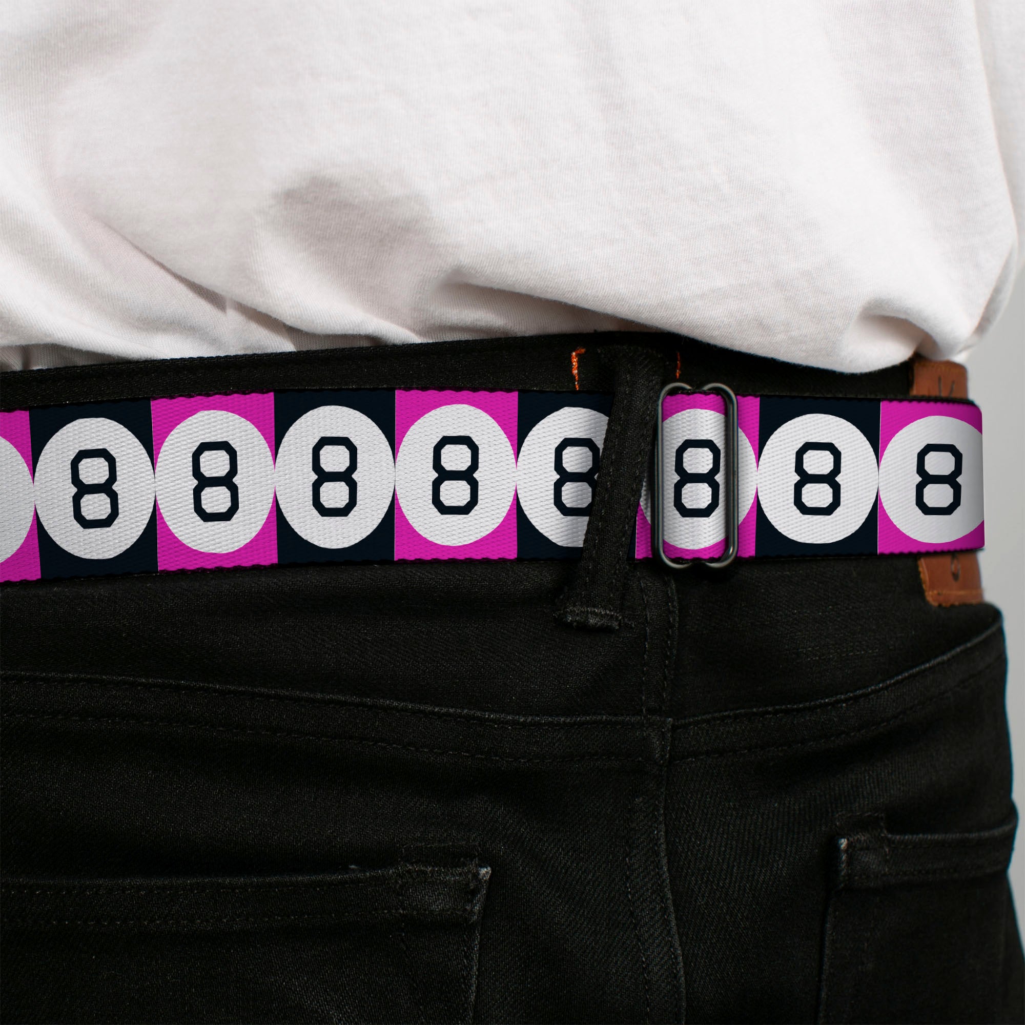 MAGIC 8 BALL Logo Full Color Black/Orange/White Seatbelt Belt - Magic 8 Ball Blocks Black/Pink/White Webbing Seatbelt Belts Magic 8 Ball
