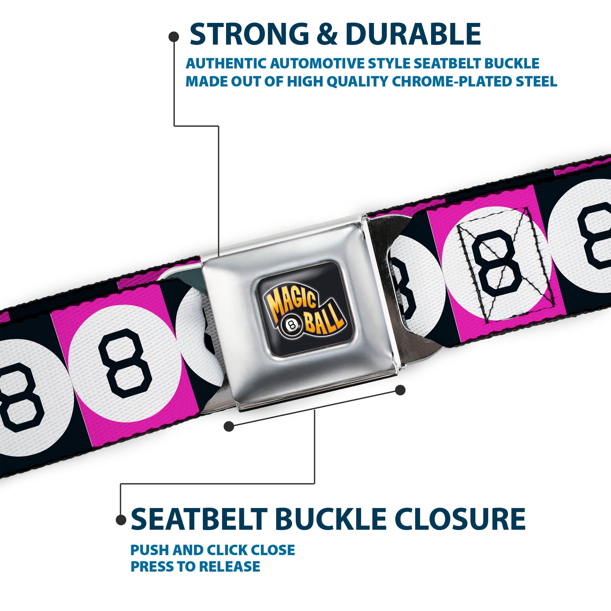 MAGIC 8 BALL Logo Full Color Black/Orange/White Seatbelt Belt - Magic 8 Ball Blocks Black/Pink/White Webbing Seatbelt Belts Magic 8 Ball
