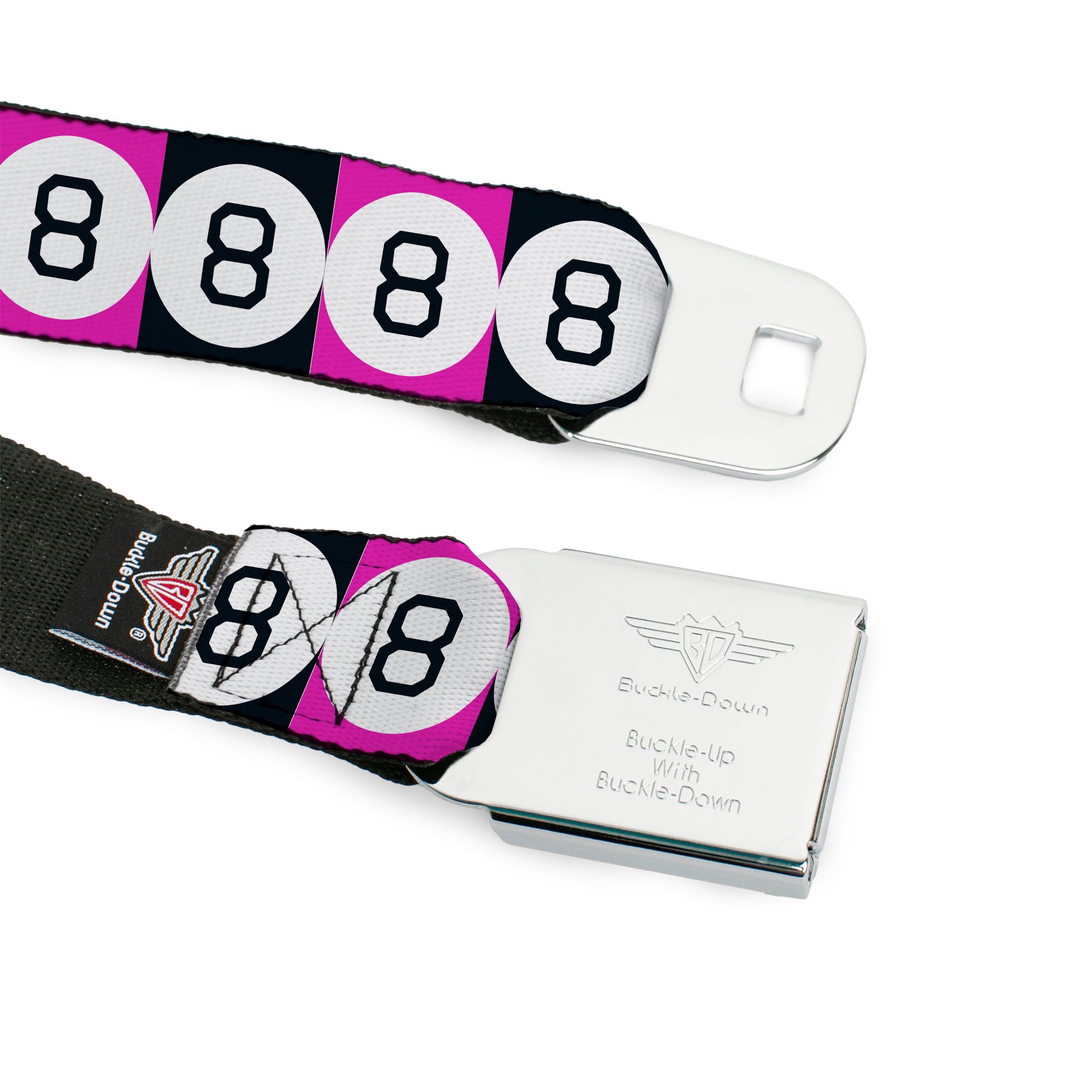 MAGIC 8 BALL Logo Full Color Black/Orange/White Seatbelt Belt - Magic 8 Ball Blocks Black/Pink/White Webbing Seatbelt Belts Magic 8 Ball