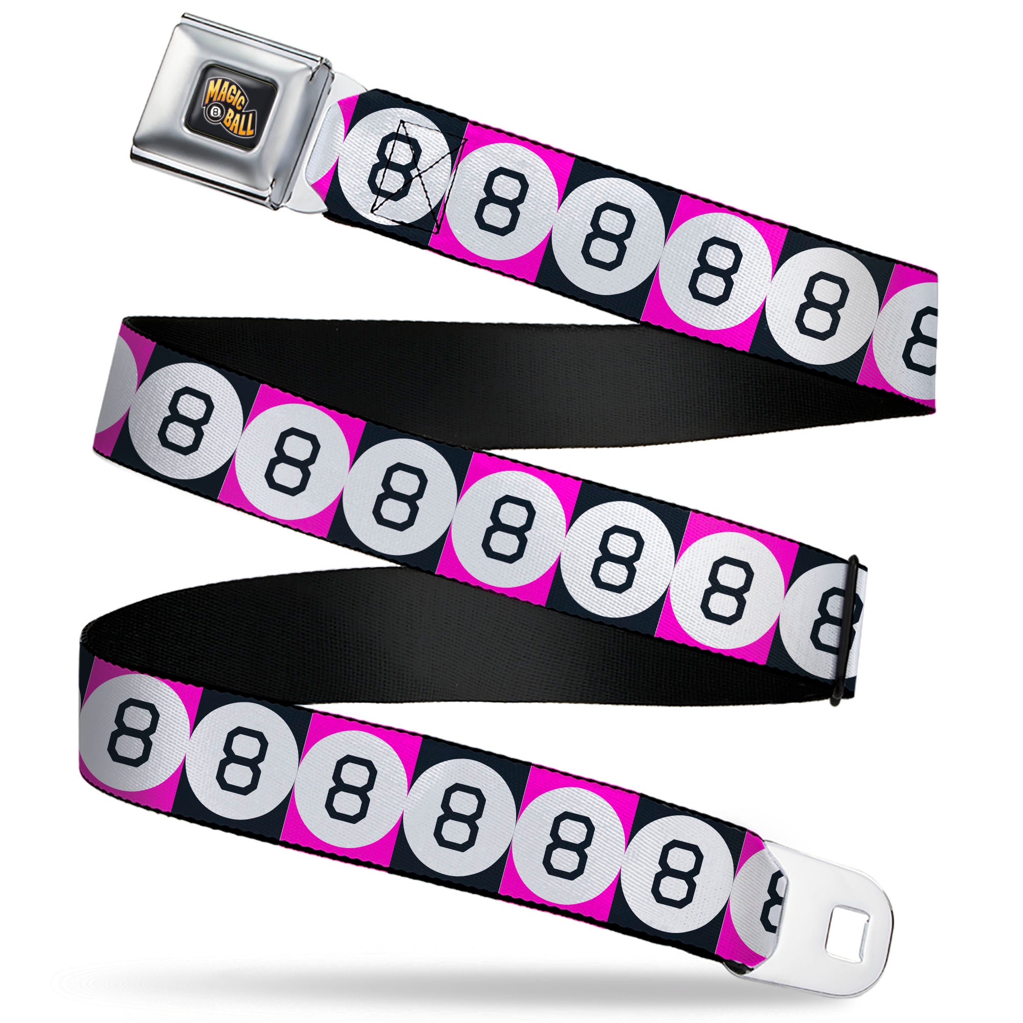 MAGIC 8 BALL Logo Full Color Black/Orange/White Seatbelt Belt - Magic 8 Ball Blocks Black/Pink/White Webbing Seatbelt Belts Magic 8 Ball