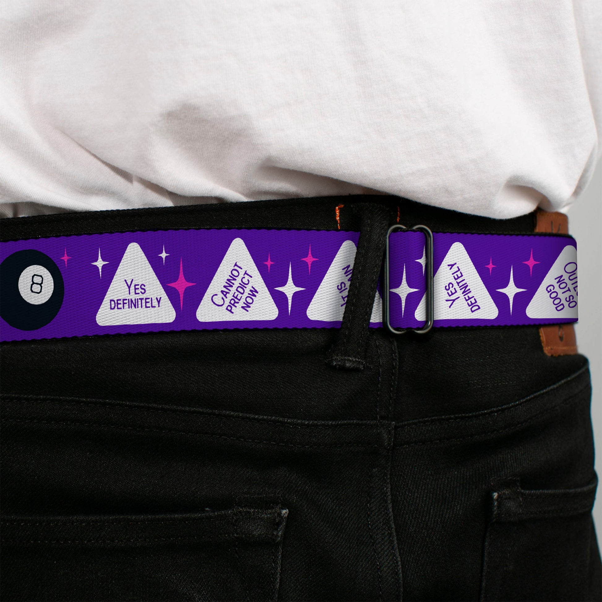 MAGIC 8 BALL Logo Full Color Black/Orange/White Seatbelt Belt - Magic 8 Ball Answers Flip Blue/White Webbing Seatbelt Belts Magic 8 Ball