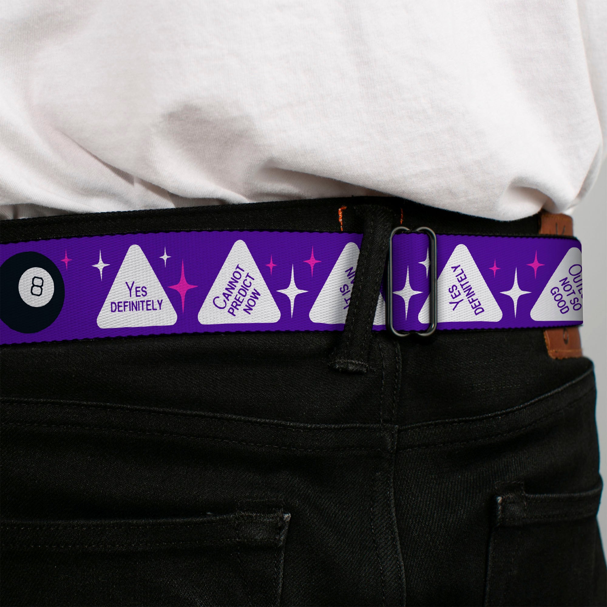 MAGIC 8 BALL Logo Full Color Black/Orange/White Seatbelt Belt - Magic 8 Ball Answers Flip Blue/White Webbing Seatbelt Belts Magic 8 Ball