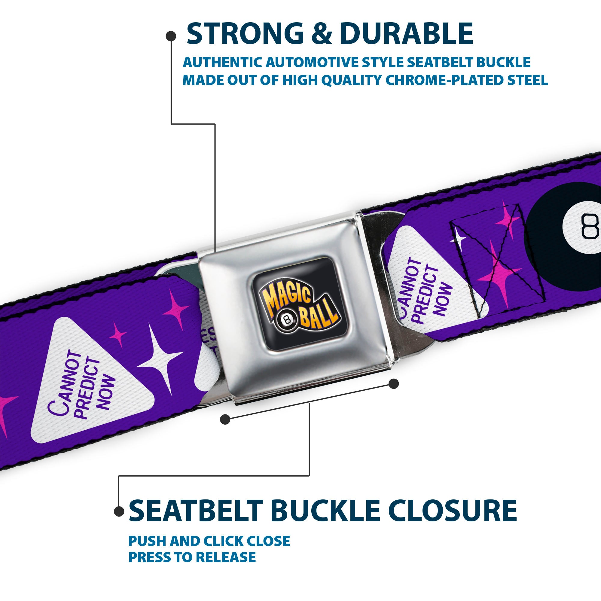MAGIC 8 BALL Logo Full Color Black/Orange/White Seatbelt Belt - Magic 8 Ball Answers Flip Blue/White Webbing Seatbelt Belts Magic 8 Ball