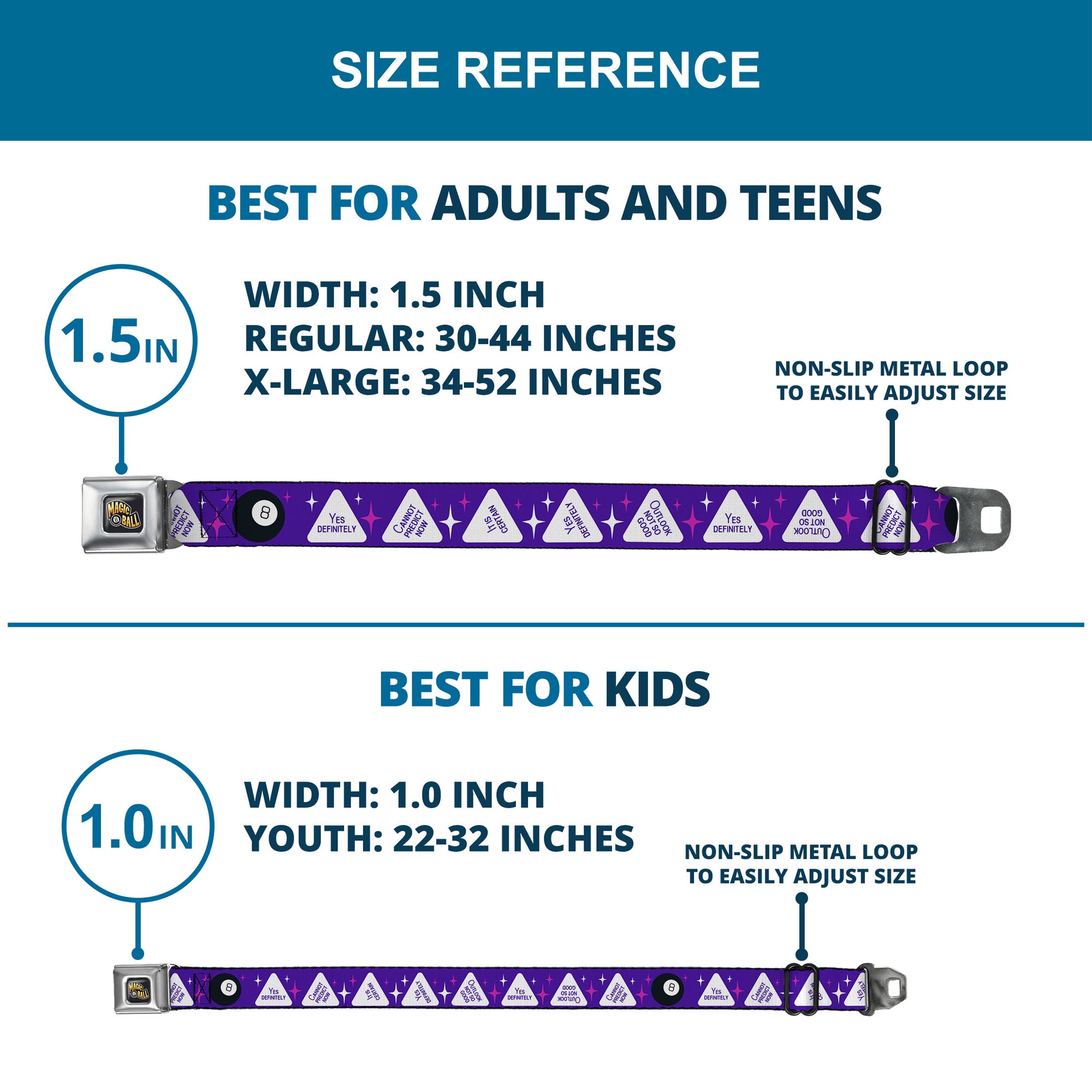 MAGIC 8 BALL Logo Full Color Black/Orange/White Seatbelt Belt - Magic 8 Ball Answers Flip Blue/White Webbing Seatbelt Belts Magic 8 Ball