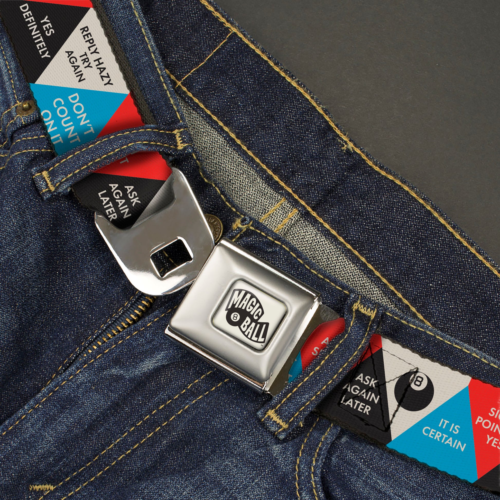 MAGIC 8 BALL Logo Full Color White/Black Seatbelt Belt - Magic 8 Ball Answer Triangles Black/Red/Blue/White Webbing Seatbelt Belts Magic 8 Ball
