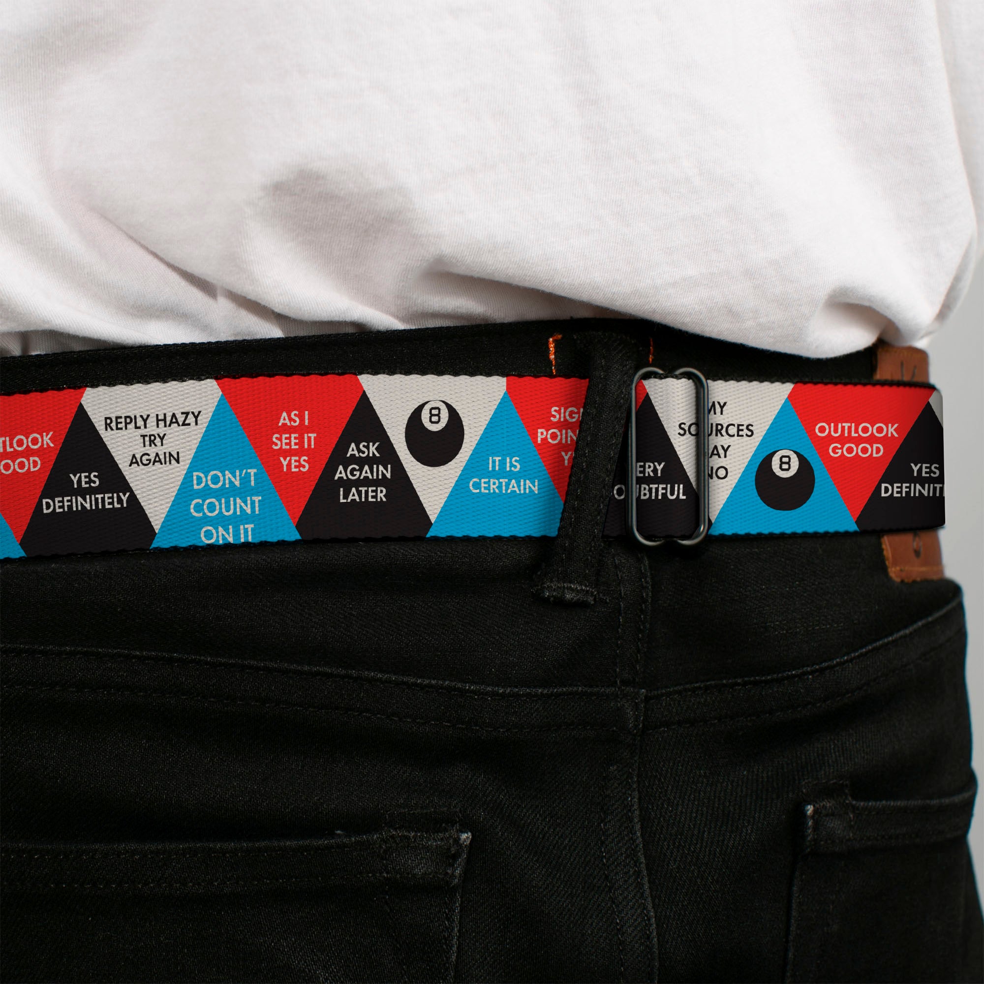 MAGIC 8 BALL Logo Full Color White/Black Seatbelt Belt - Magic 8 Ball Answer Triangles Black/Red/Blue/White Webbing Seatbelt Belts Magic 8 Ball