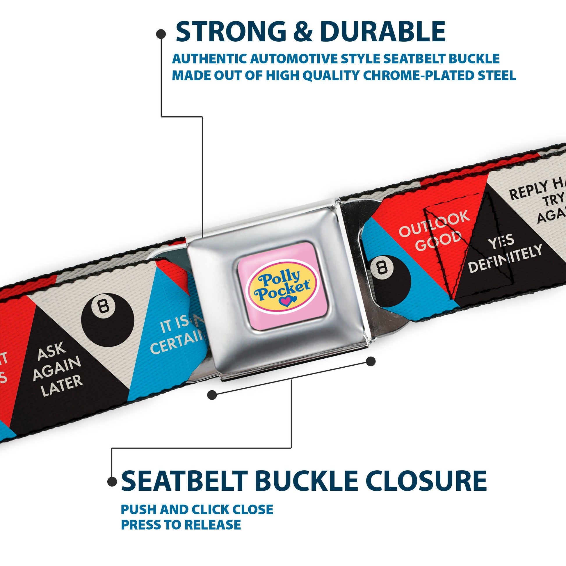 MAGIC 8 BALL Logo Full Color White/Black Seatbelt Belt - Magic 8 Ball Answer Triangles Black/Red/Blue/White Webbing Seatbelt Belts Magic 8 Ball