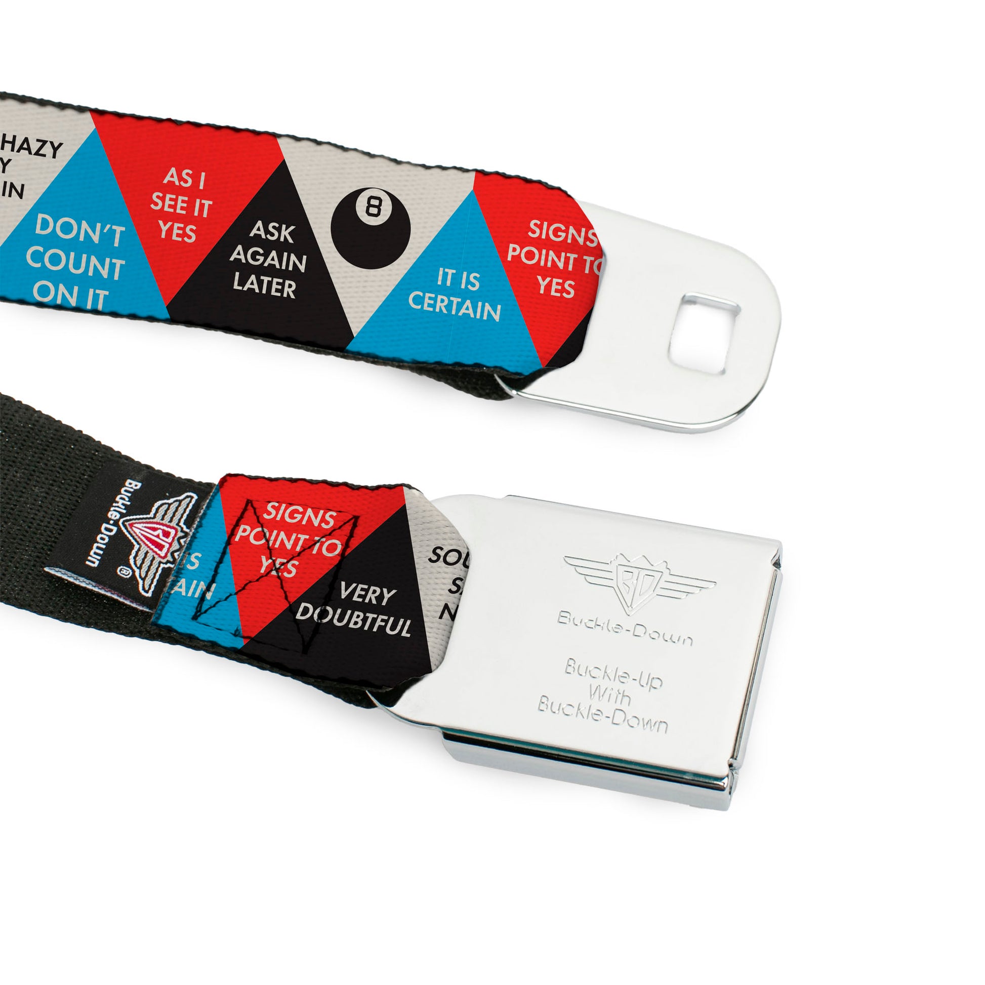 MAGIC 8 BALL Logo Full Color White/Black Seatbelt Belt - Magic 8 Ball Answer Triangles Black/Red/Blue/White Webbing Seatbelt Belts Magic 8 Ball