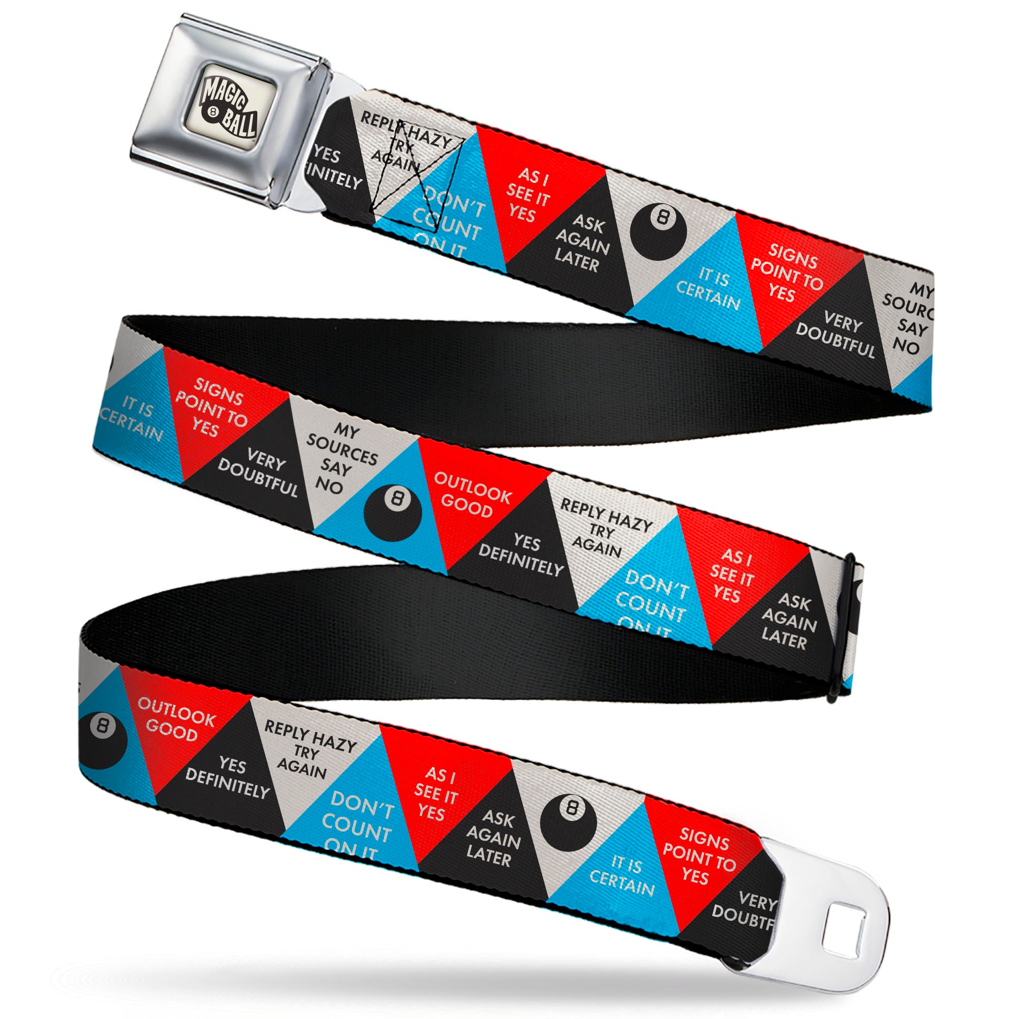 MAGIC 8 BALL Logo Full Color White/Black Seatbelt Belt - Magic 8 Ball Answer Triangles Black/Red/Blue/White Webbing Seatbelt Belts Magic 8 Ball