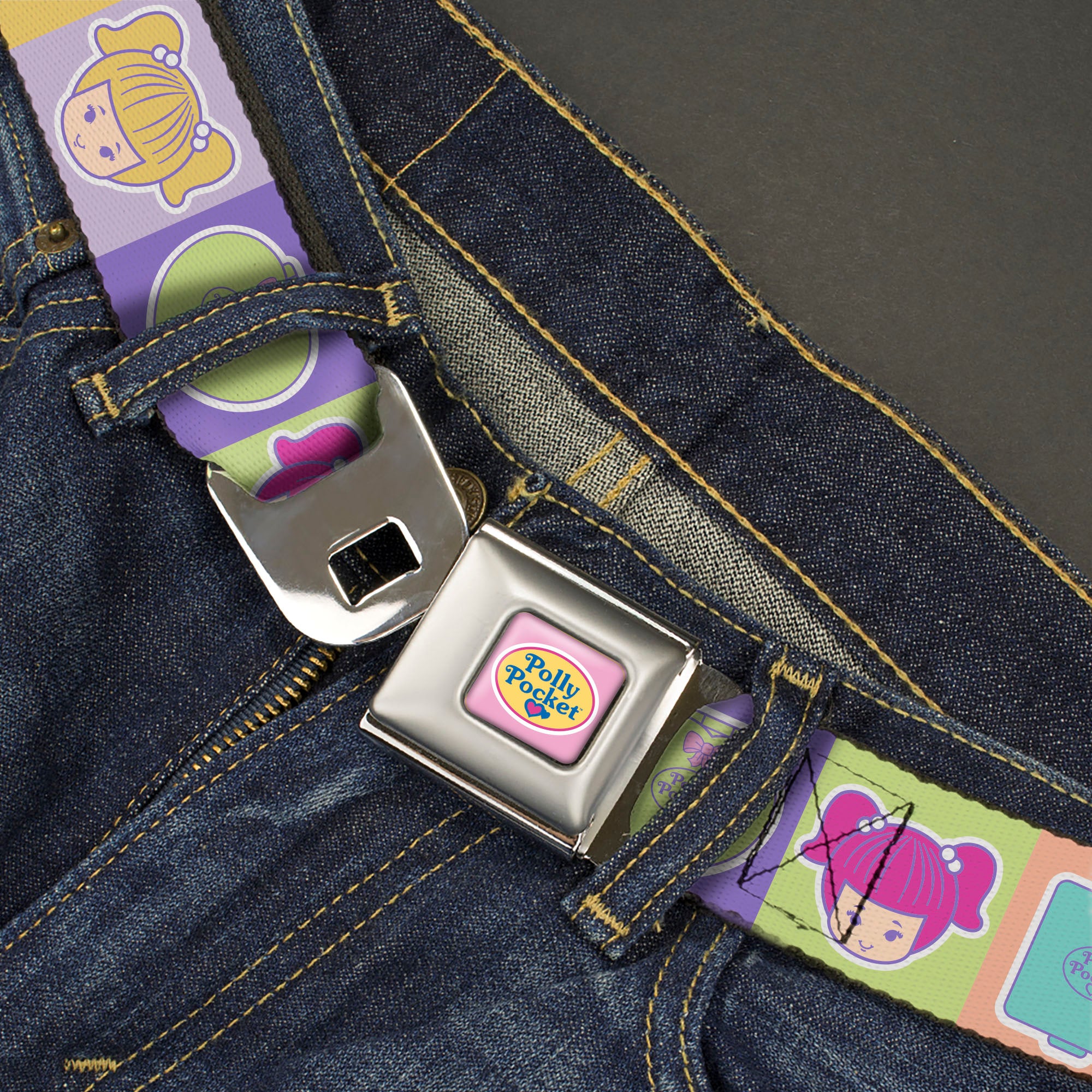 POLLY POCKET Title Logo Full Color Pink Seatbelt Belt - POLLY POCKET Doll Faces and Title Logo Blocks Multi Color Webbing Seatbelt Belts Polly Pocket