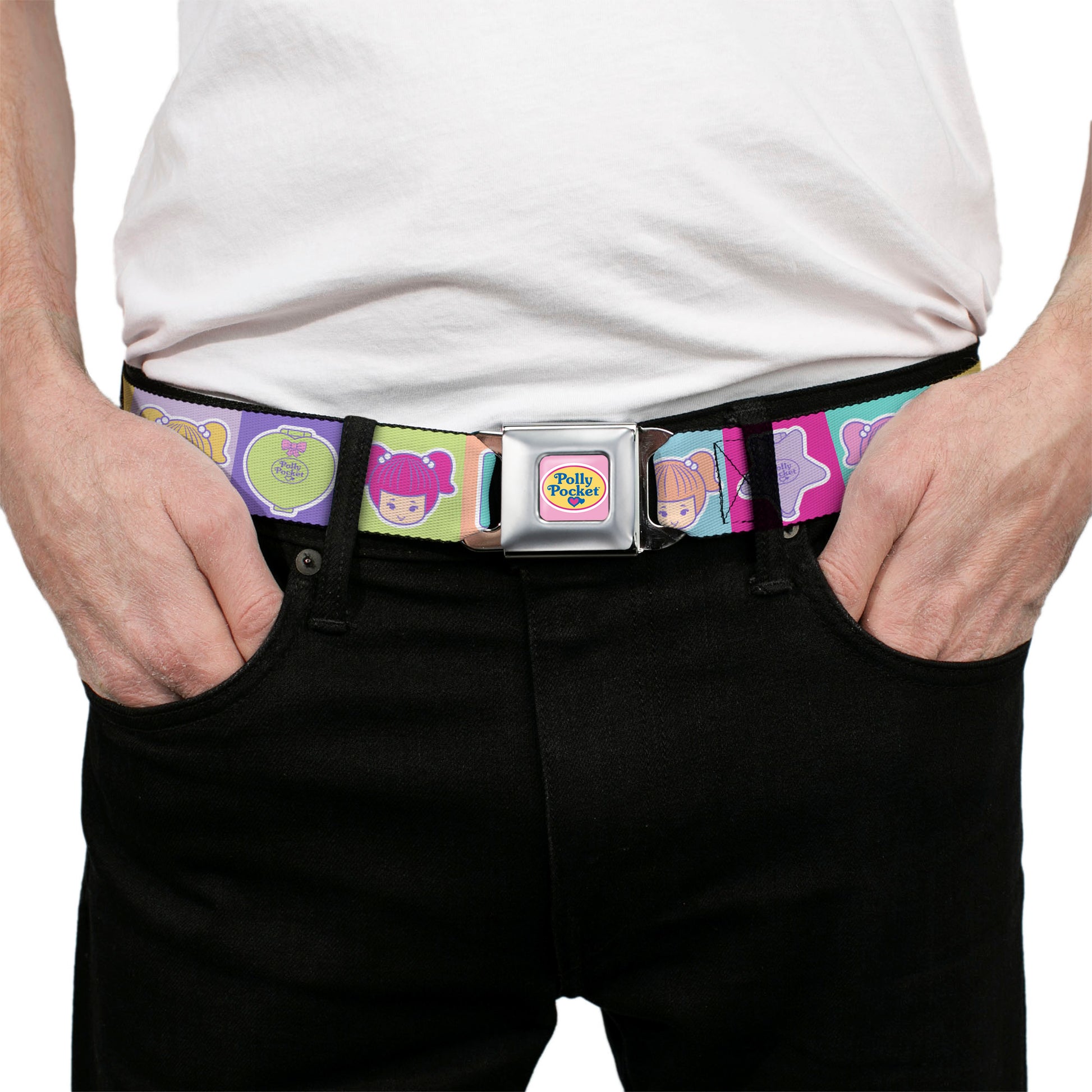 POLLY POCKET Title Logo Full Color Pink Seatbelt Belt - POLLY POCKET Doll Faces and Title Logo Blocks Multi Color Webbing Seatbelt Belts Polly Pocket