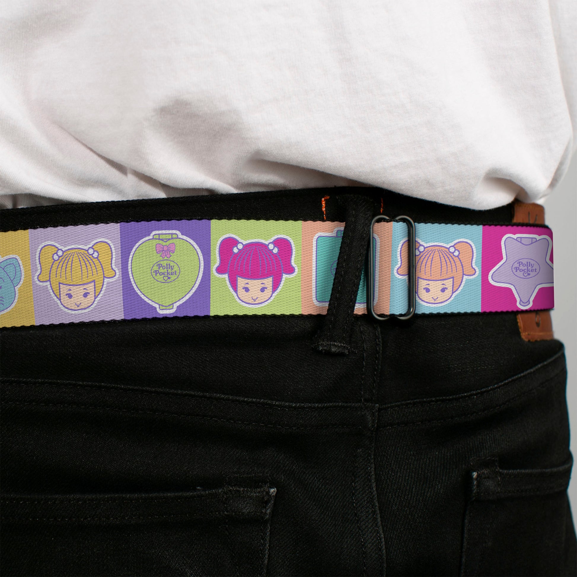 POLLY POCKET Title Logo Full Color Pink Seatbelt Belt - POLLY POCKET Doll Faces and Title Logo Blocks Multi Color Webbing Seatbelt Belts Polly Pocket
