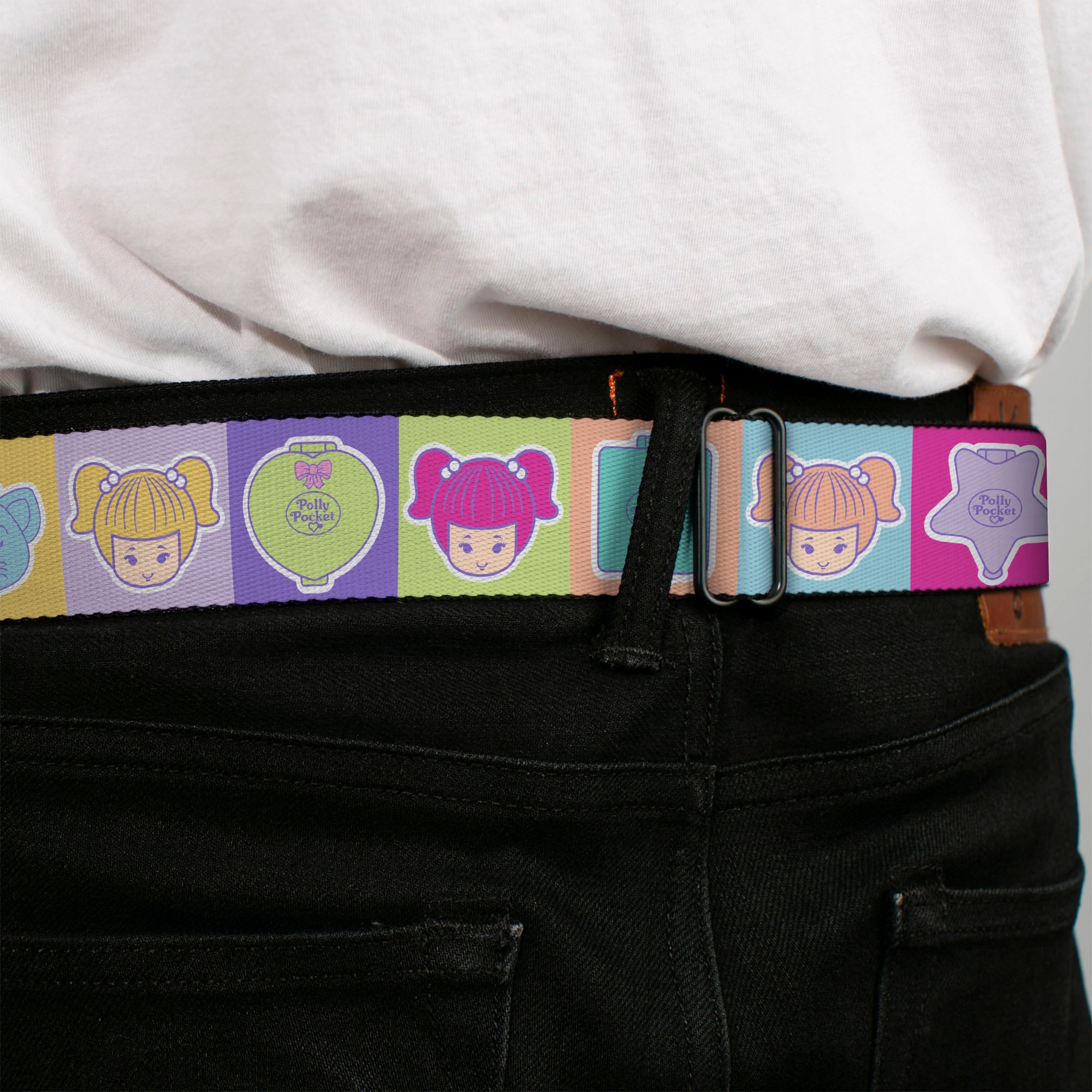 POLLY POCKET Title Logo Full Color Pink Seatbelt Belt - POLLY POCKET Doll Faces and Title Logo Blocks Multi Color Webbing Seatbelt Belts Polly Pocket