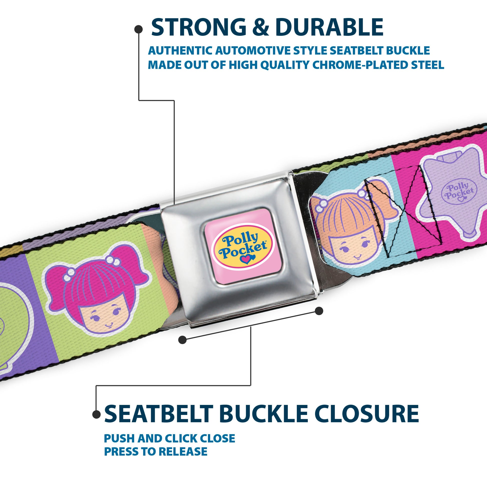 POLLY POCKET Title Logo Full Color Pink Seatbelt Belt - POLLY POCKET Doll Faces and Title Logo Blocks Multi Color Webbing Seatbelt Belts Polly Pocket
