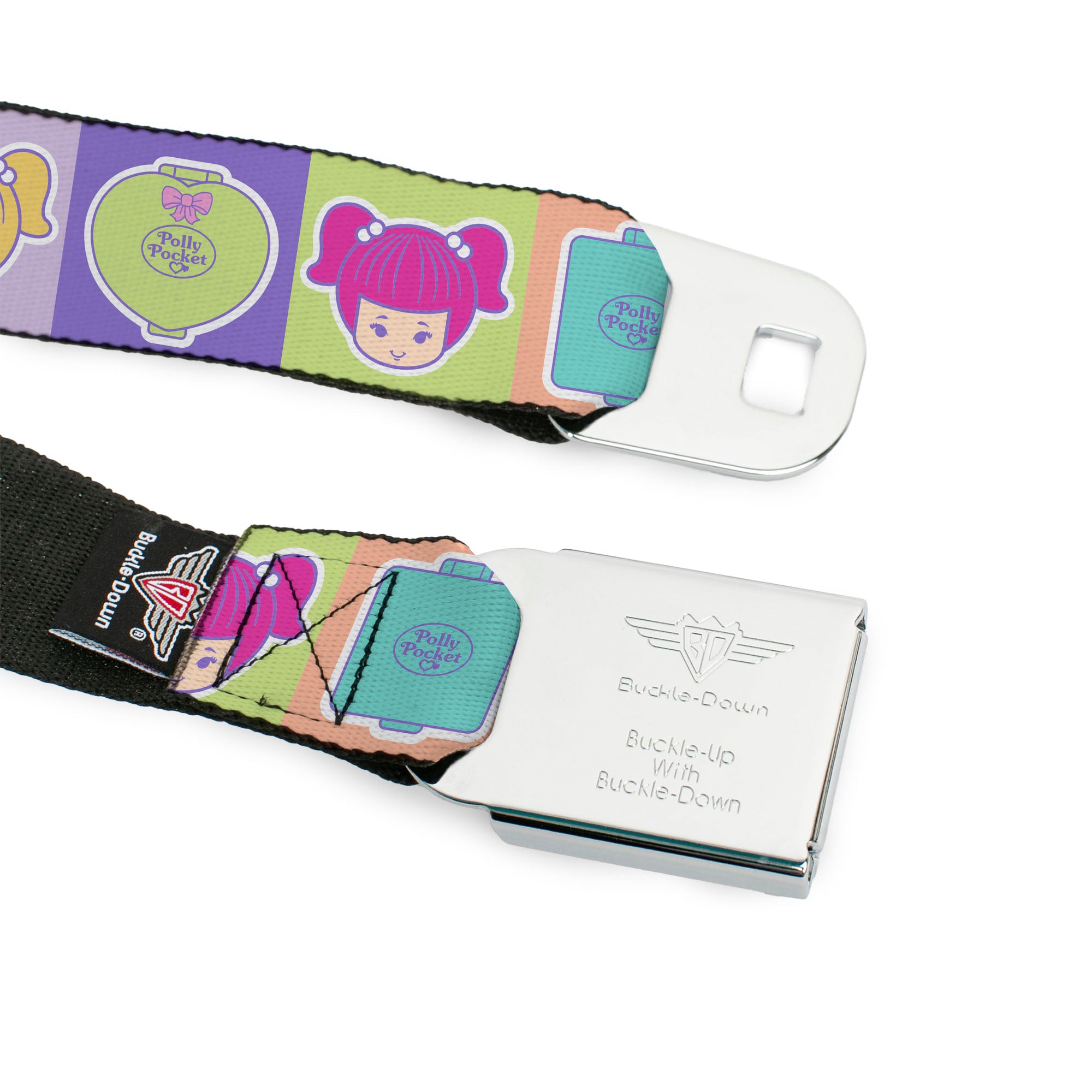 POLLY POCKET Title Logo Full Color Pink Seatbelt Belt - POLLY POCKET Doll Faces and Title Logo Blocks Multi Color Webbing Seatbelt Belts Polly Pocket