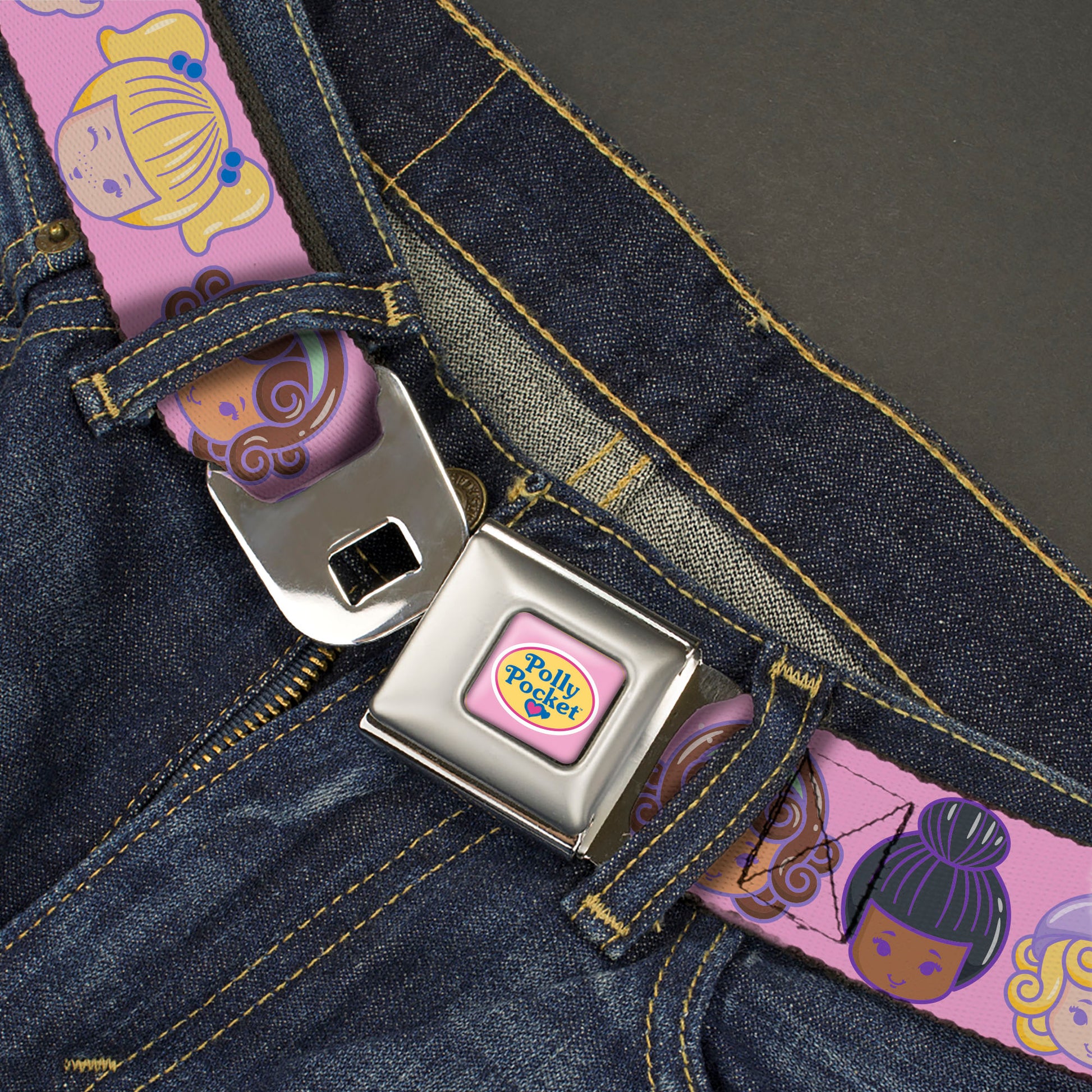 POLLY POCKET Title Logo Full Color Pink Seatbelt Belt - Polly Pocket Ten Doll Face Expressions Pink Webbing Seatbelt Belts Polly Pocket
