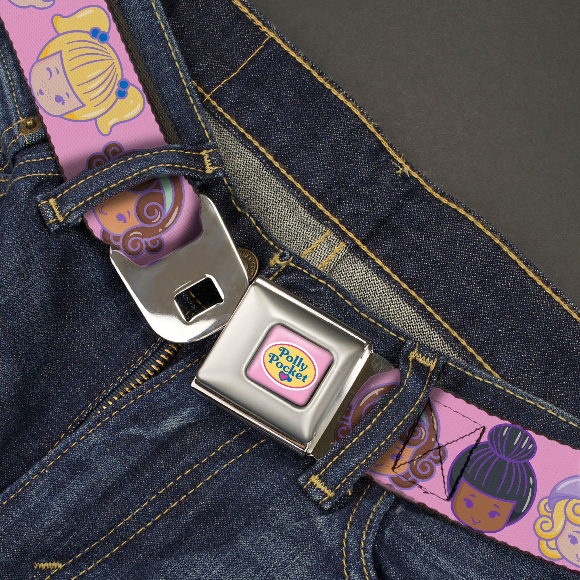 POLLY POCKET Title Logo Full Color Pink Seatbelt Belt - Polly Pocket Ten Doll Face Expressions Pink Webbing Seatbelt Belts Polly Pocket