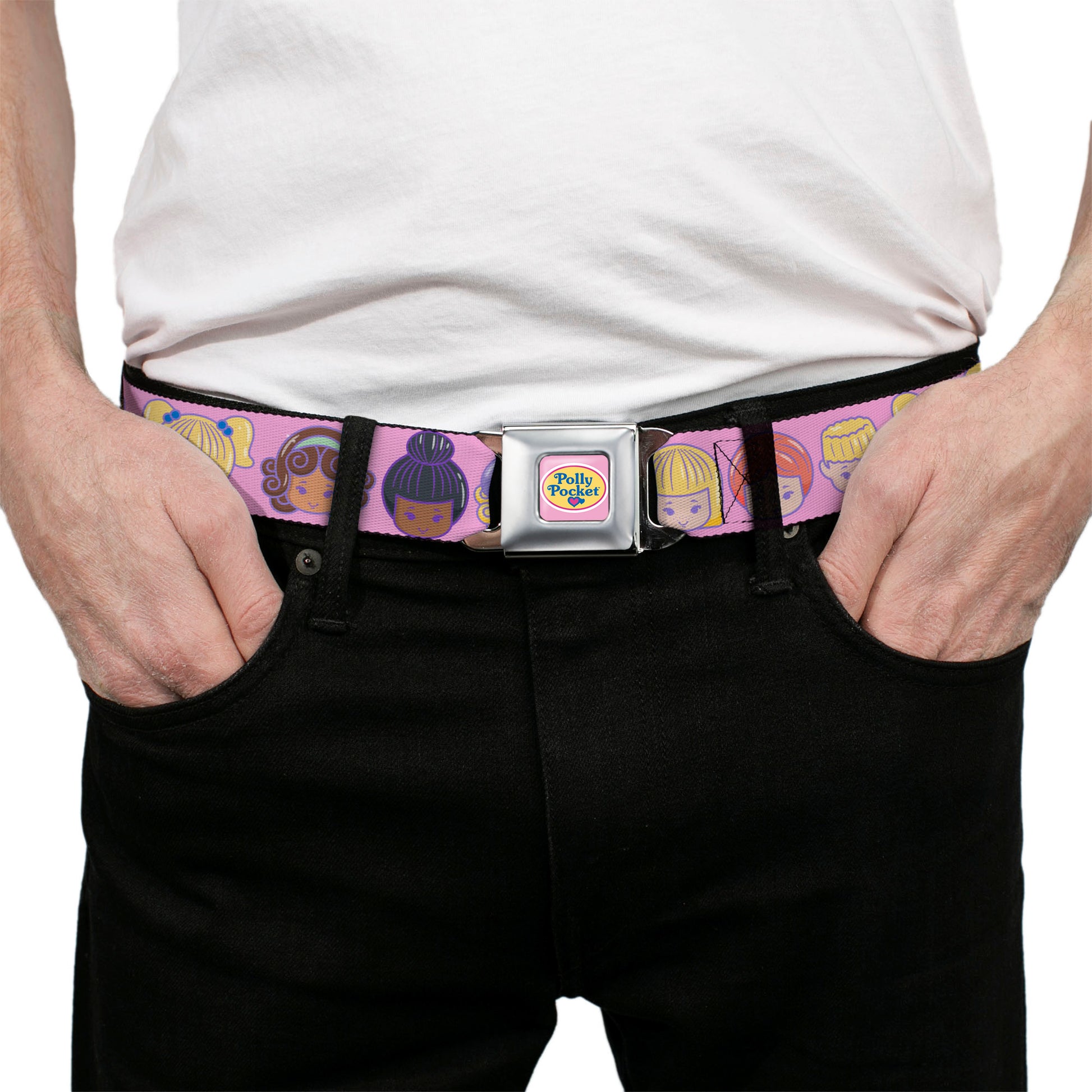 POLLY POCKET Title Logo Full Color Pink Seatbelt Belt - Polly Pocket Ten Doll Face Expressions Pink Webbing Seatbelt Belts Polly Pocket