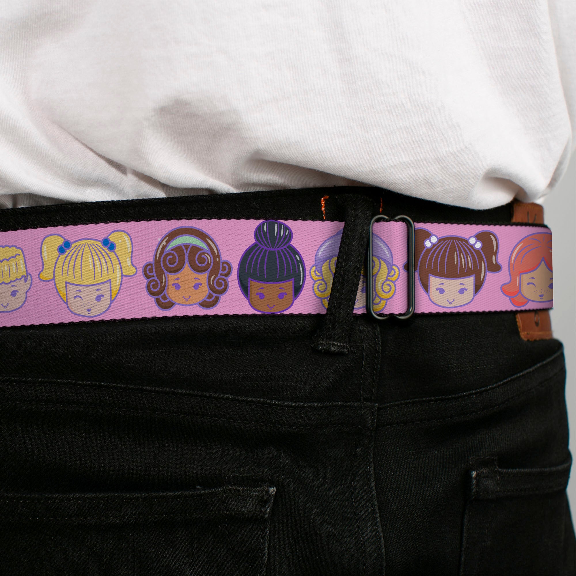 POLLY POCKET Title Logo Full Color Pink Seatbelt Belt - Polly Pocket Ten Doll Face Expressions Pink Webbing Seatbelt Belts Polly Pocket