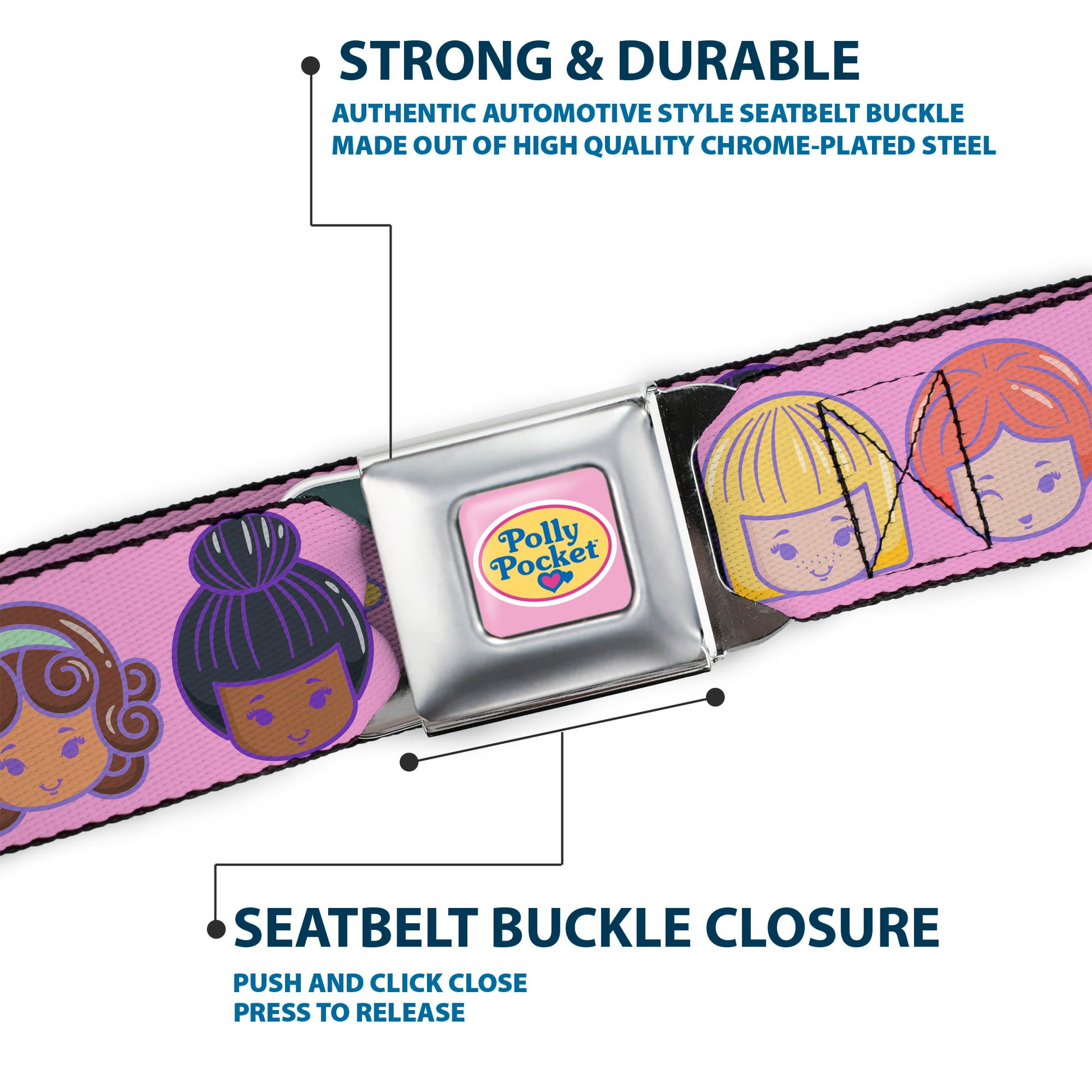 POLLY POCKET Title Logo Full Color Pink Seatbelt Belt - Polly Pocket Ten Doll Face Expressions Pink Webbing Seatbelt Belts Polly Pocket